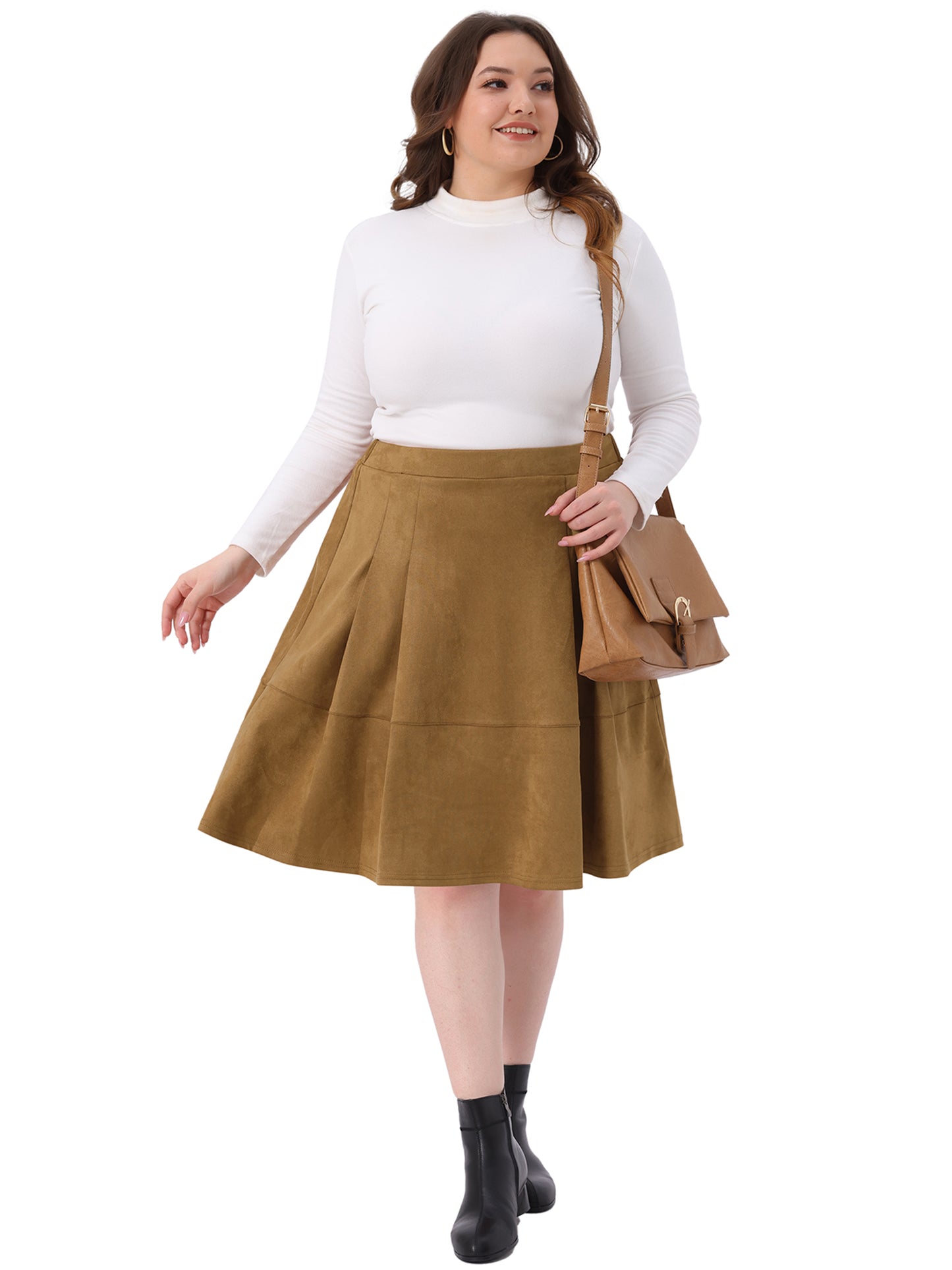 Women Plus Size Faux Suede Skirt High Waist A Line with Pockets Elastic Midi Skirt