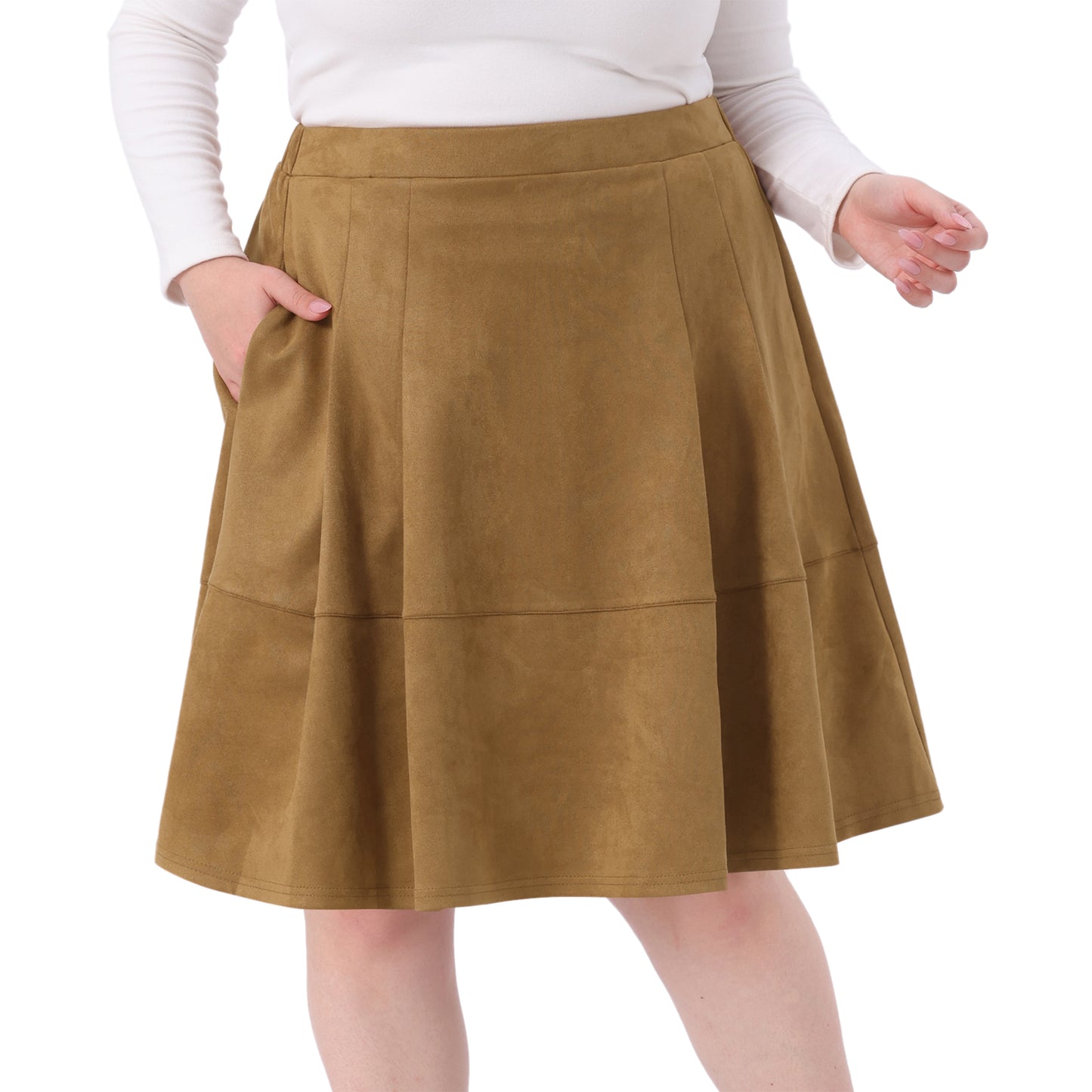 Women Plus Size Faux Suede Skirt High Waist A Line with Pockets Elastic Midi Skirt