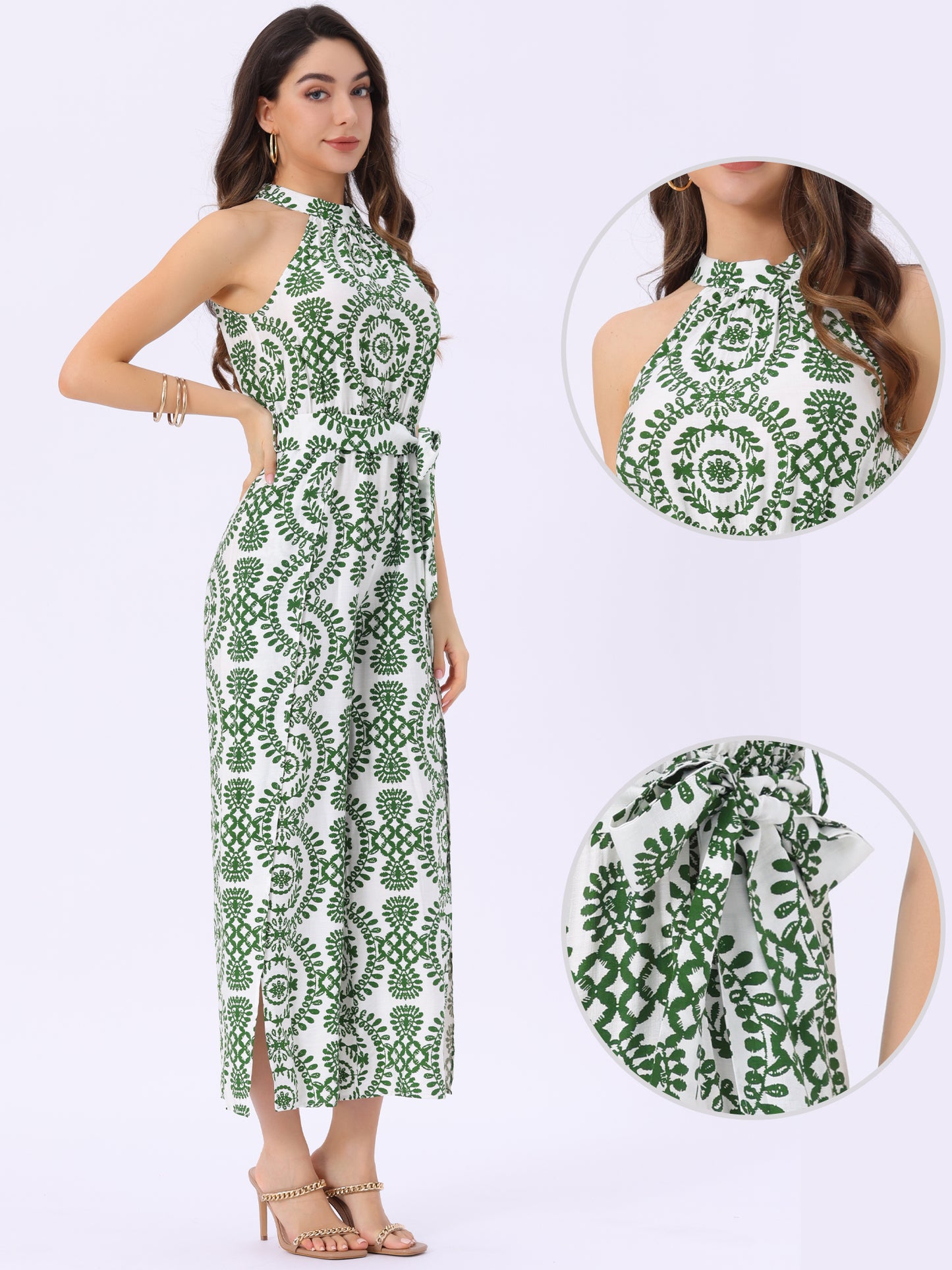 Women's Casual Sleeveless Jumpsuit Boho Pattern Tie Halter Neck Beach Slit Wide Leg Pants