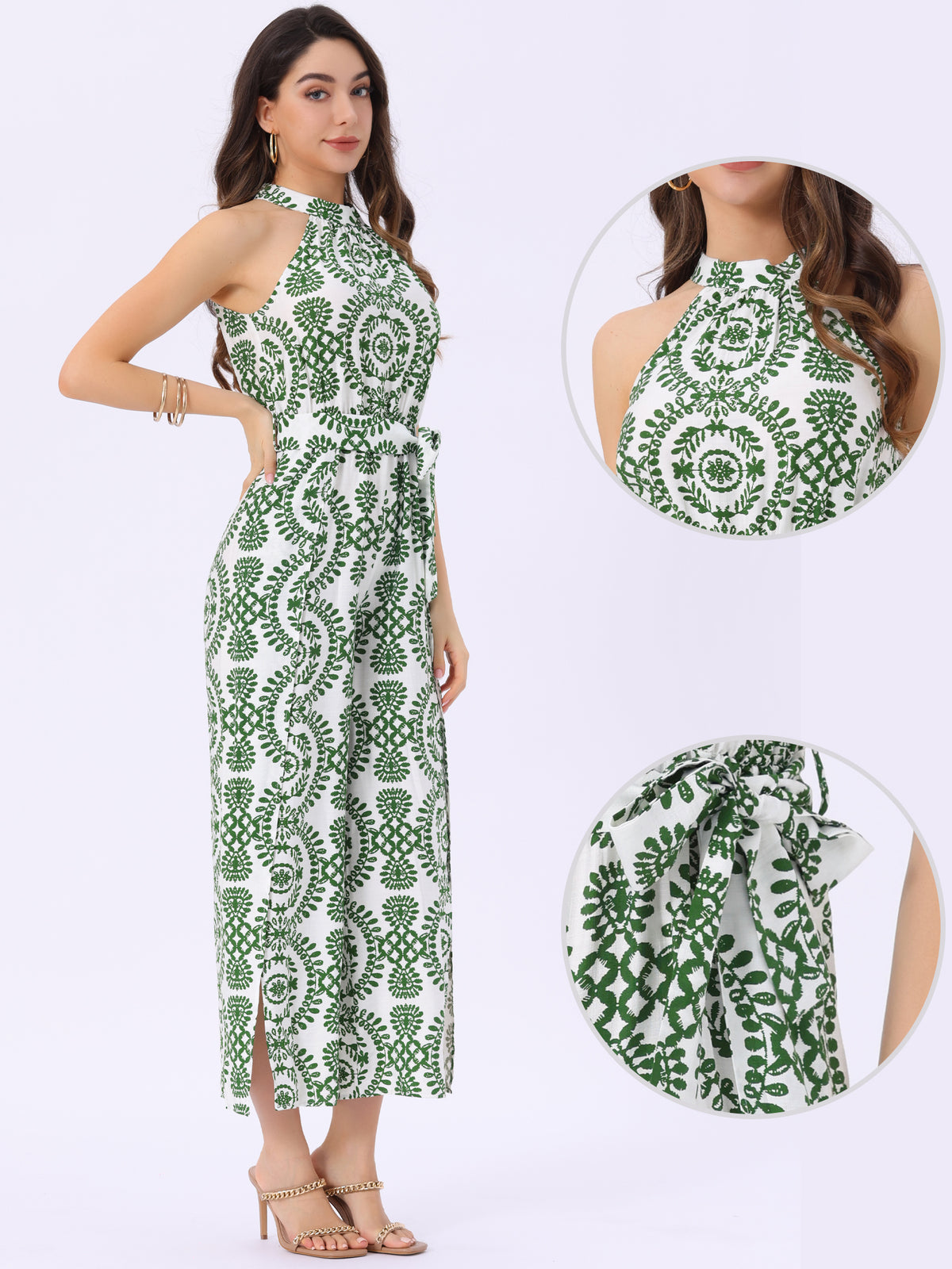 Women's Casual Sleeveless Jumpsuit Boho Pattern Tie Halter Neck Beach Slit Wide Leg Pants