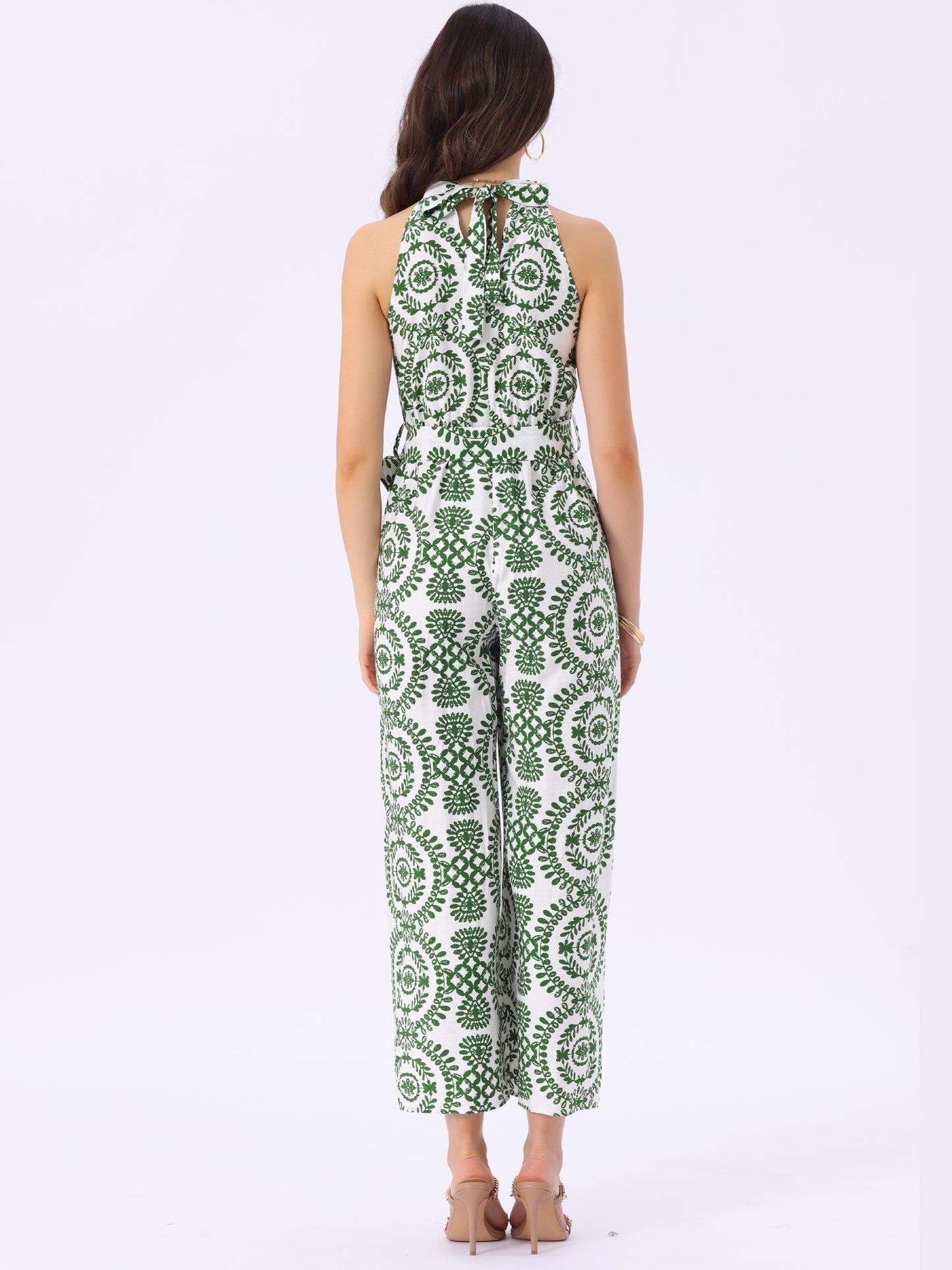 Women's Casual Sleeveless Jumpsuit Boho Pattern Tie Halter Neck Beach Slit Wide Leg Pants