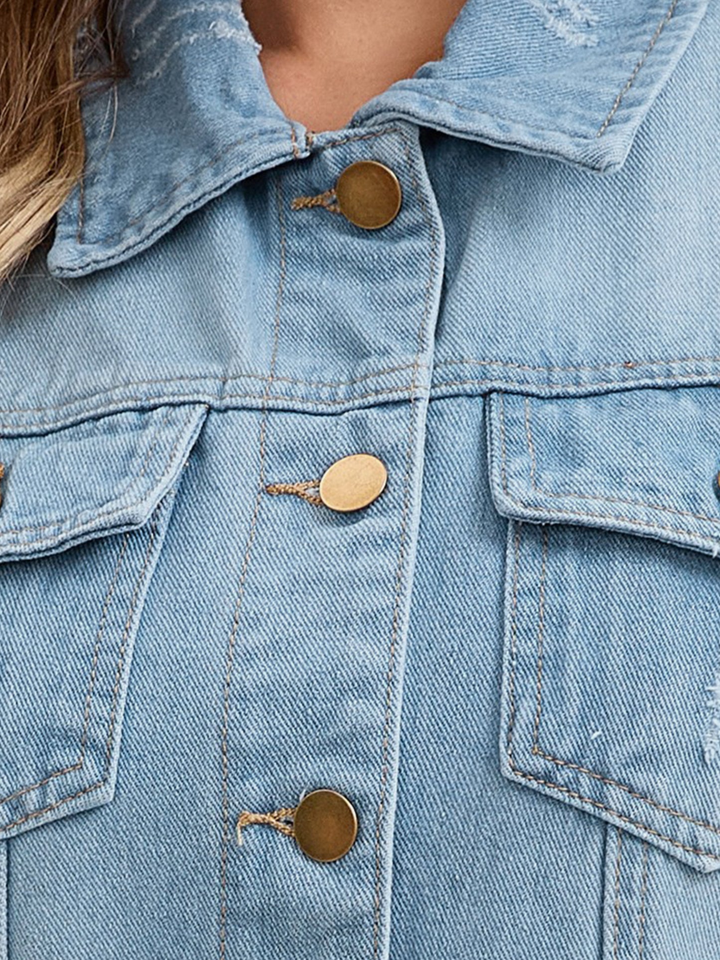 Women's Denim Vest Button Down Chest Flap Pockets Washed Distressed Sleeveless Jean Jacket