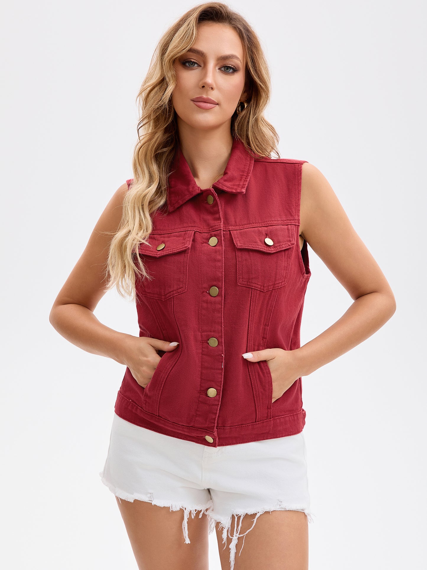Women's Denim Vest Button Down Chest Flap Pockets Washed Distressed Sleeveless Jean Jacket