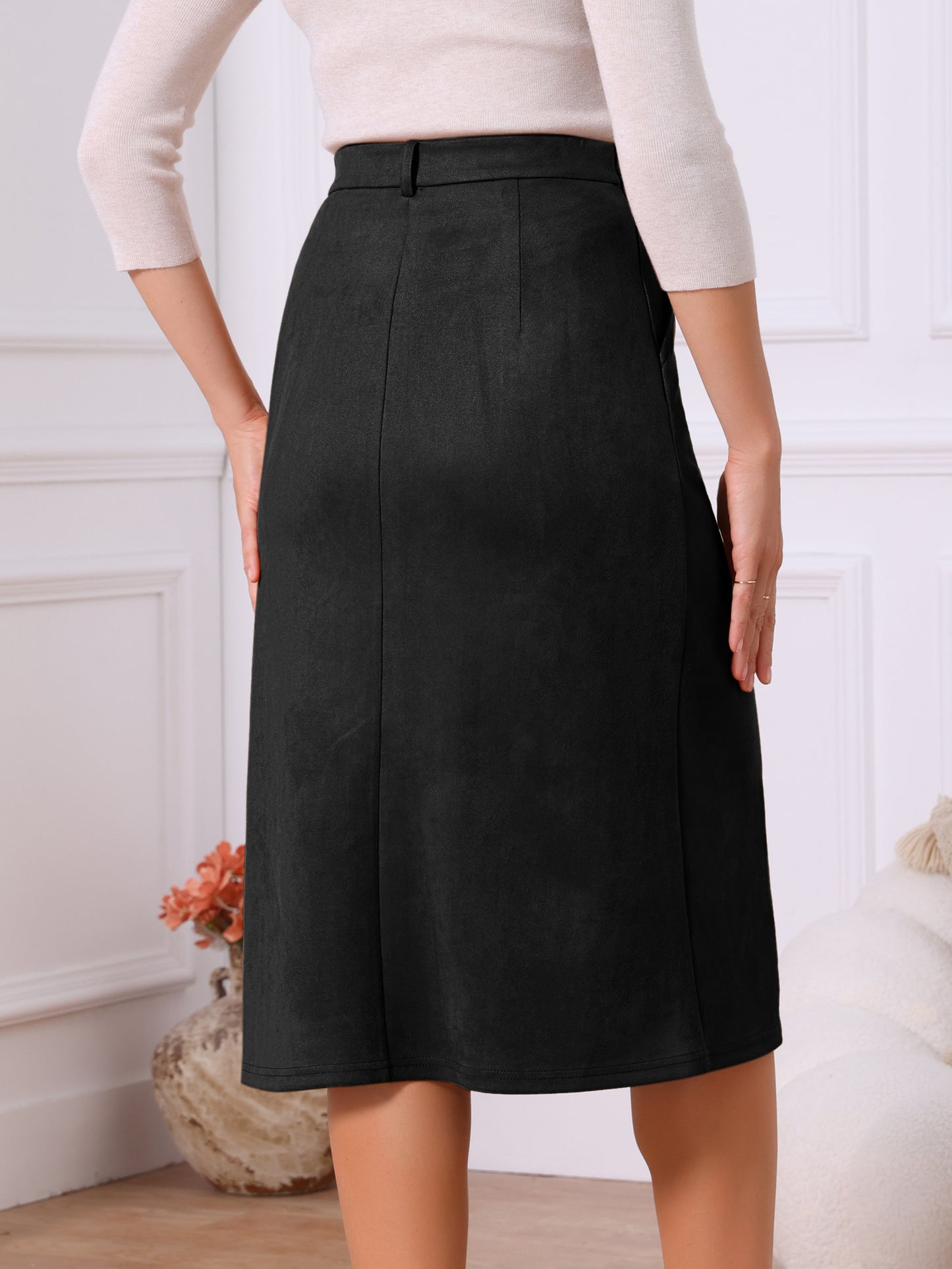 Women's Faux Suede Elastic High Waist A-Line Midi Skirt with Pockets