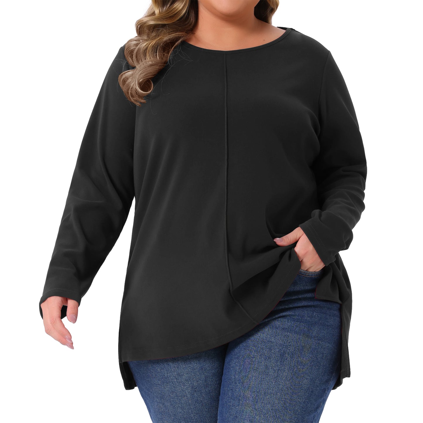 Women Plus Size T-Shirt Crew Neck High Low Hem Long Sleeve Side Slit Blouse Top