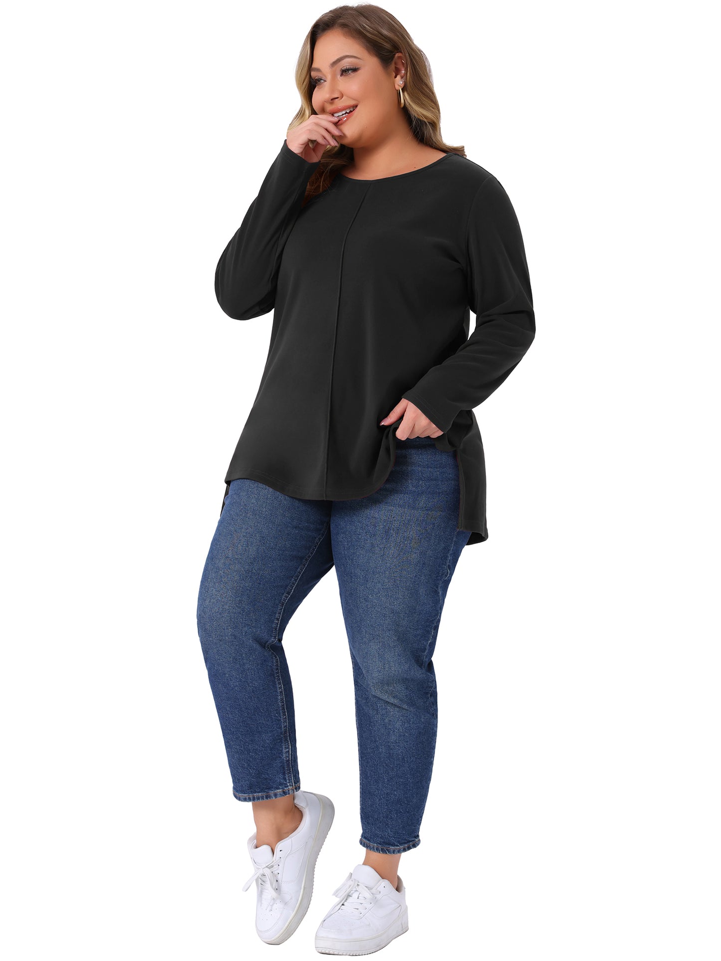 Women Plus Size T-Shirt Crew Neck High Low Hem Long Sleeve Side Slit Blouse Top