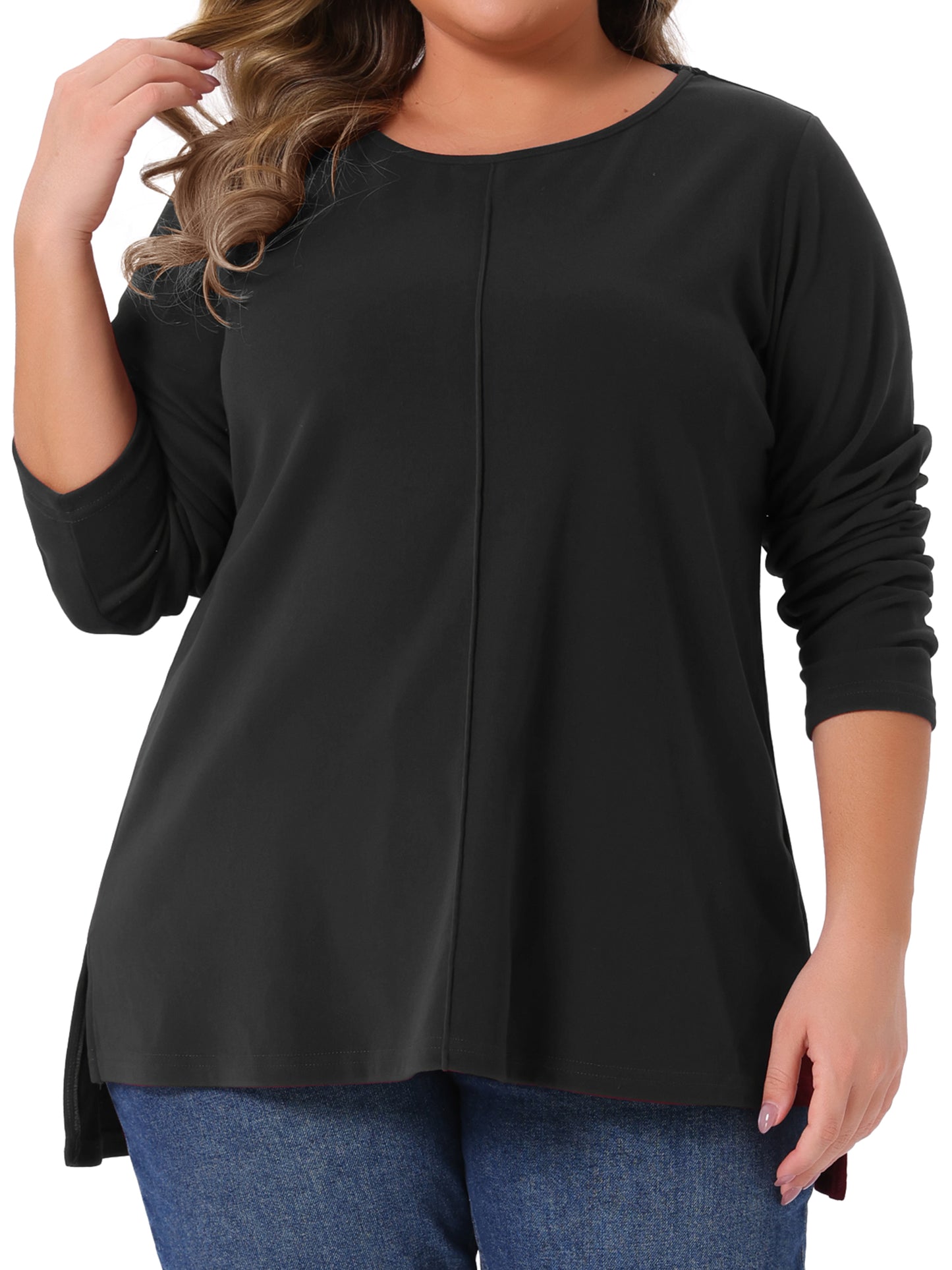 Women Plus Size T-Shirt Crew Neck High Low Hem Long Sleeve Side Slit Blouse Top