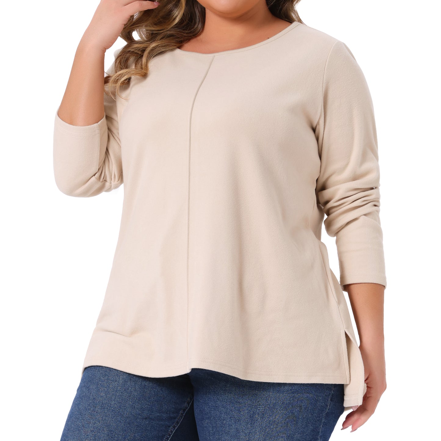 Women Plus Size T-Shirt Crew Neck High Low Hem Long Sleeve Side Slit Blouse Top
