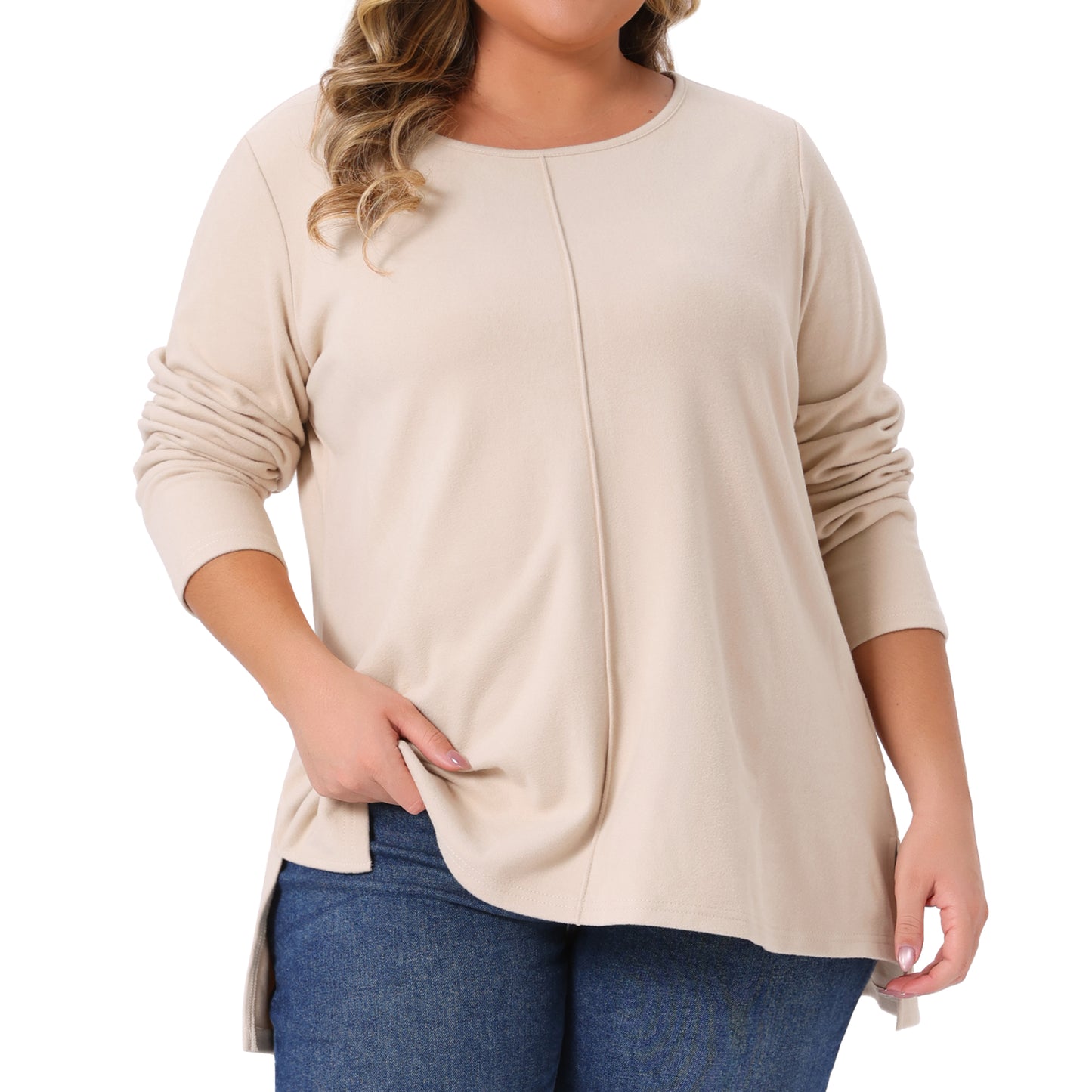 Women Plus Size T-Shirt Crew Neck High Low Hem Long Sleeve Side Slit Blouse Top