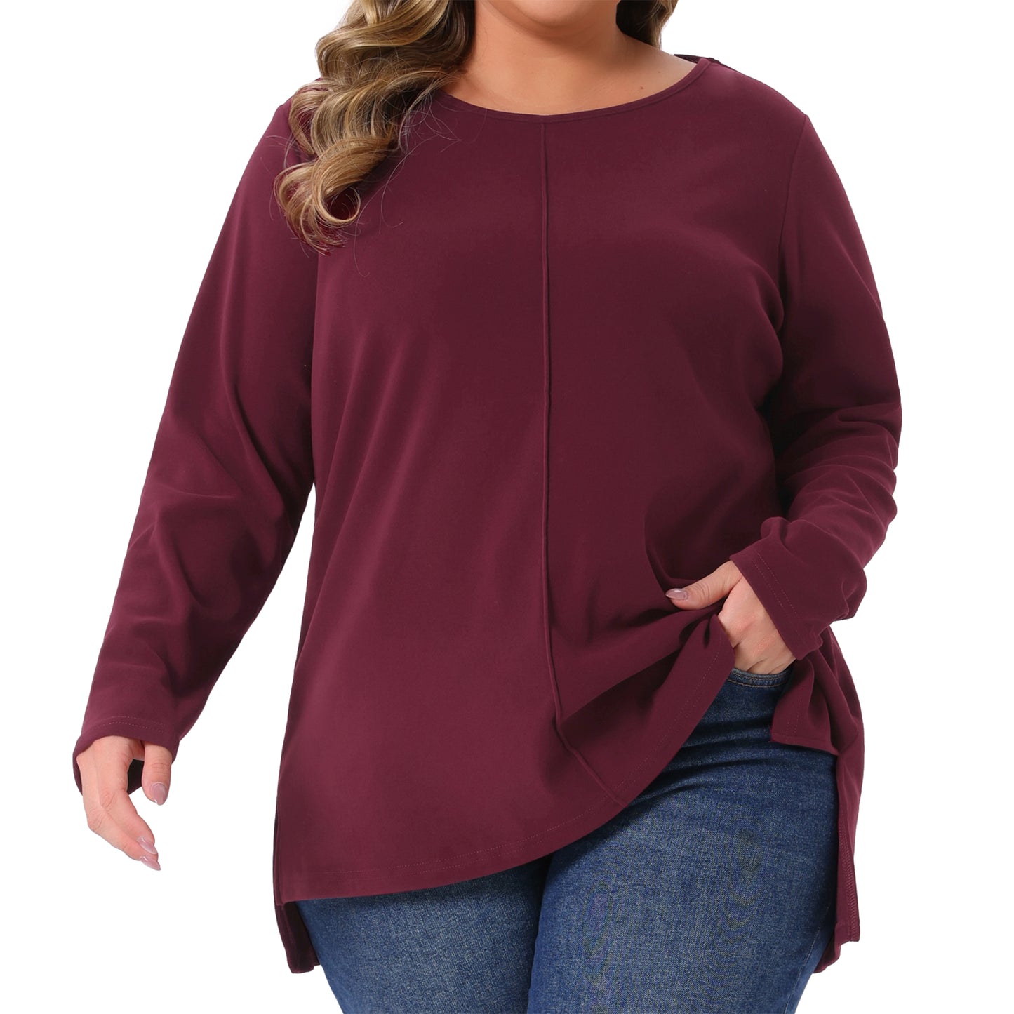 Women Plus Size T-Shirt Crew Neck High Low Hem Long Sleeve Side Slit Blouse Top