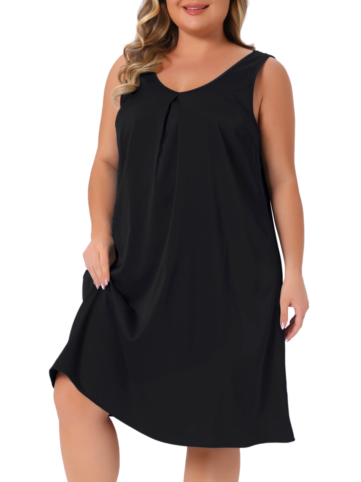 Women Plus Size Satin Nightgown V Neck Sleeveless Pleated Sleep Nightshirt Tank Nightdress