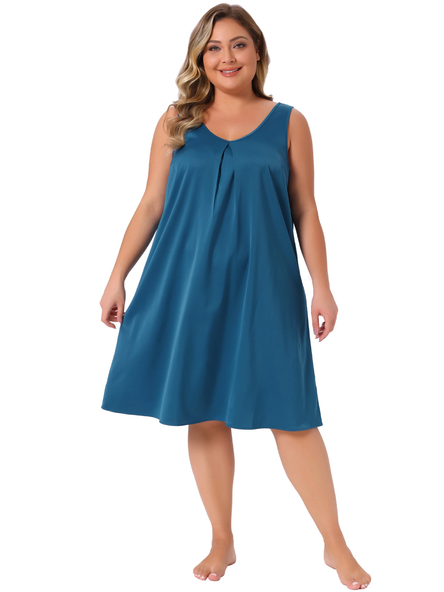 Women Plus Size Satin Nightgown V Neck Sleeveless Pleated Sleep Nightshirt Tank Nightdress