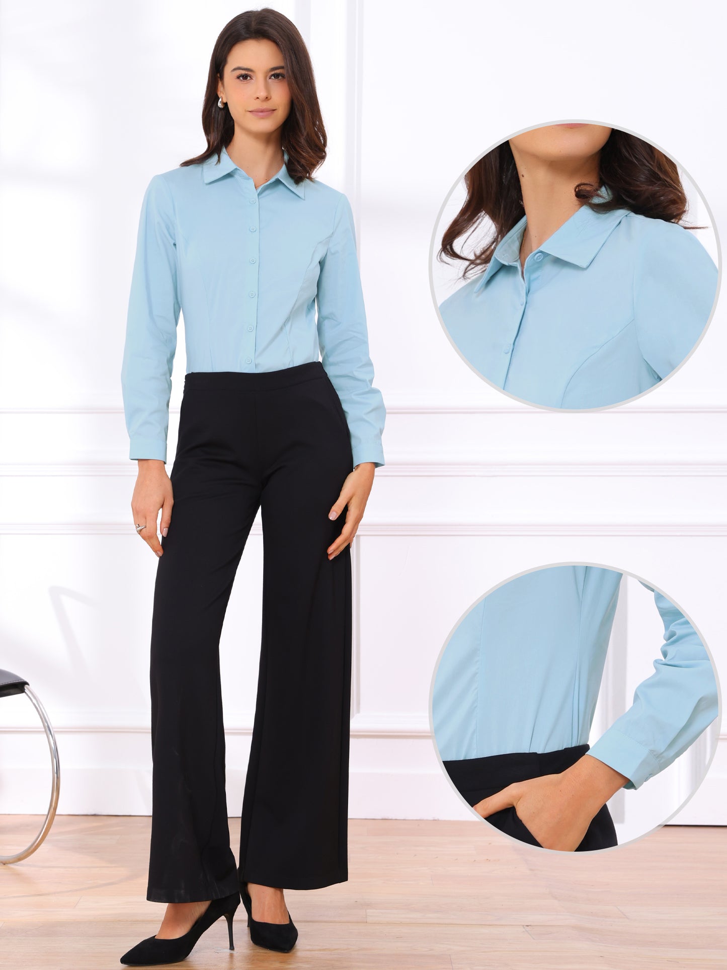 Women's Button Down Shirt Bodysuit Long Sleeve Leotard Shirts Business Work Collared Top
