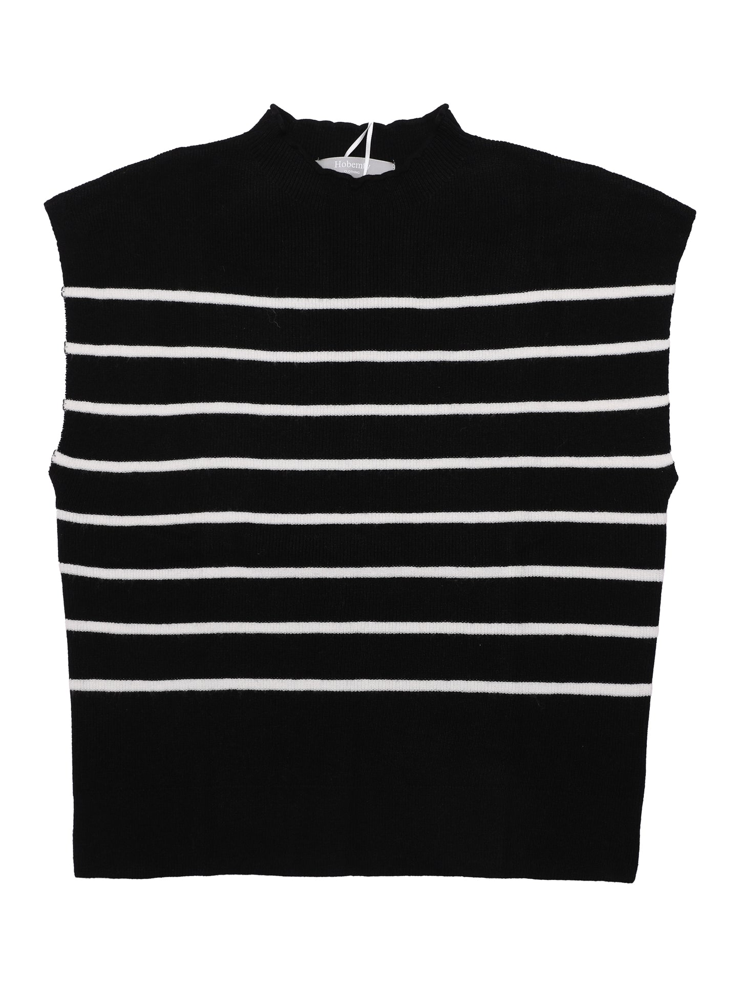 Women's Cap Sleeve Sweater Vest Mock Neck Striped Print Casual Ribbed Knit Pullover Tops