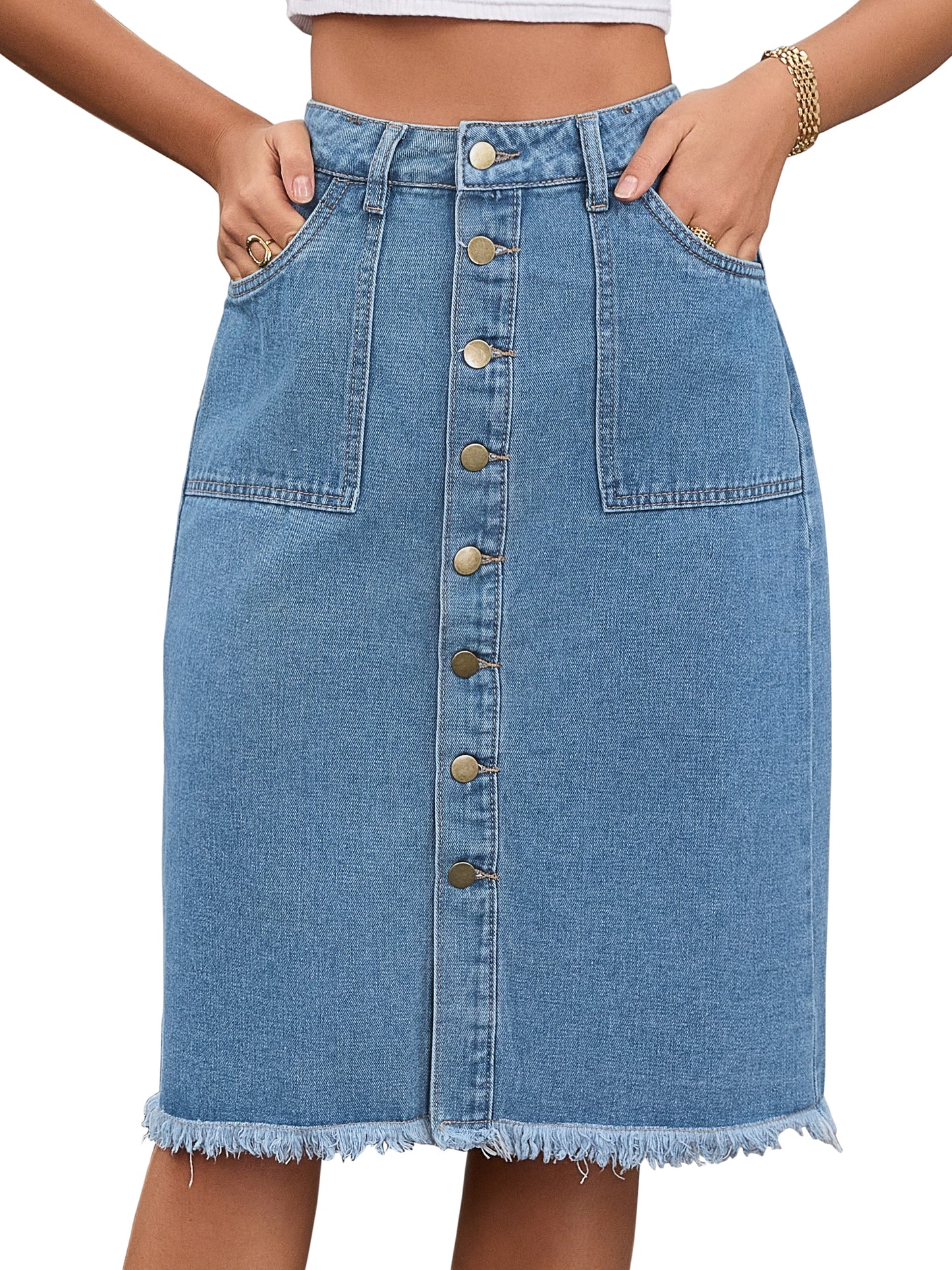 Falda vaquera informal de verano con botones y corte en H hasta la rodilla para mujer