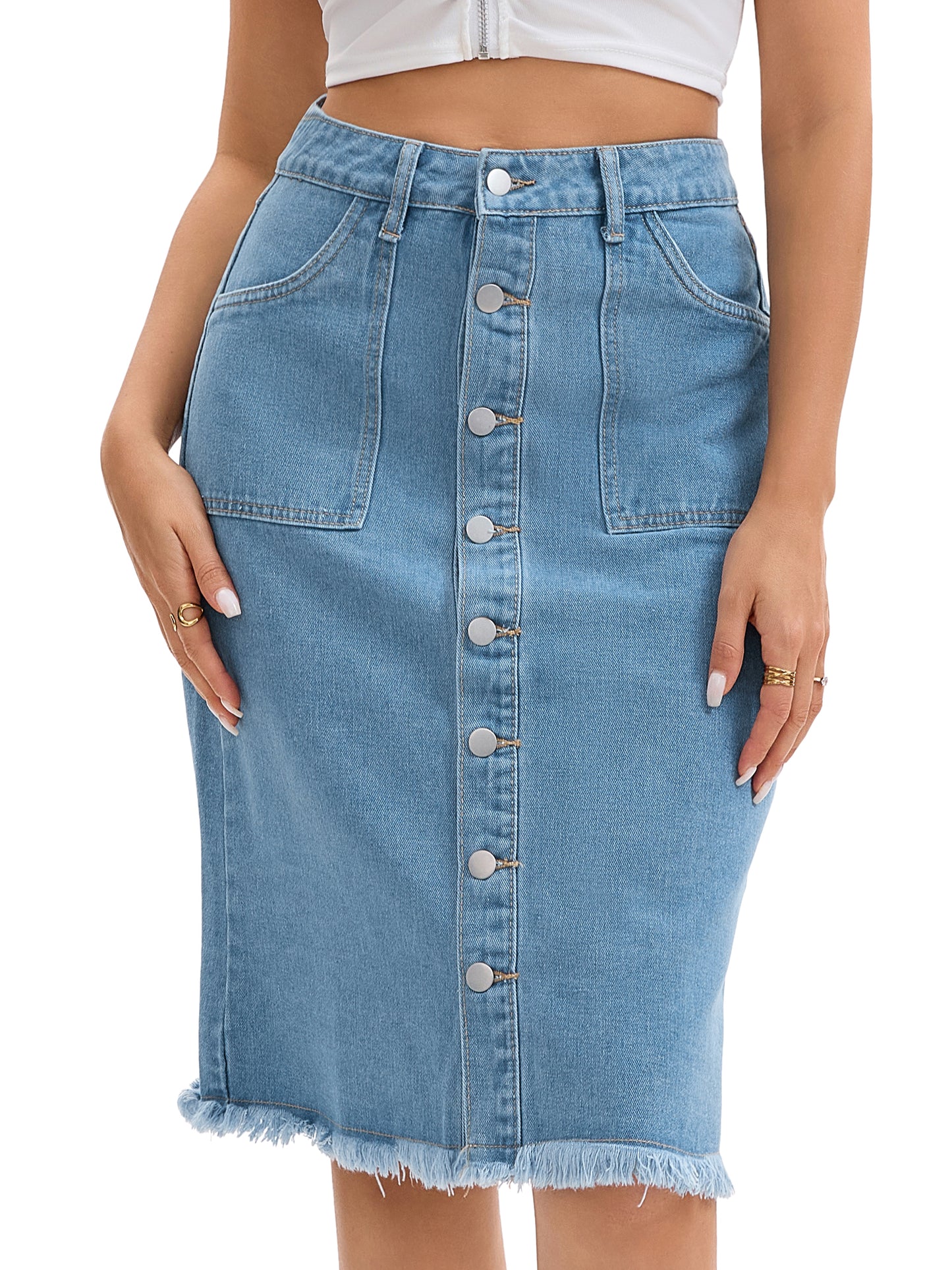 Women's Button Down Summer Casual H-Line Knee Length Denim Skirt