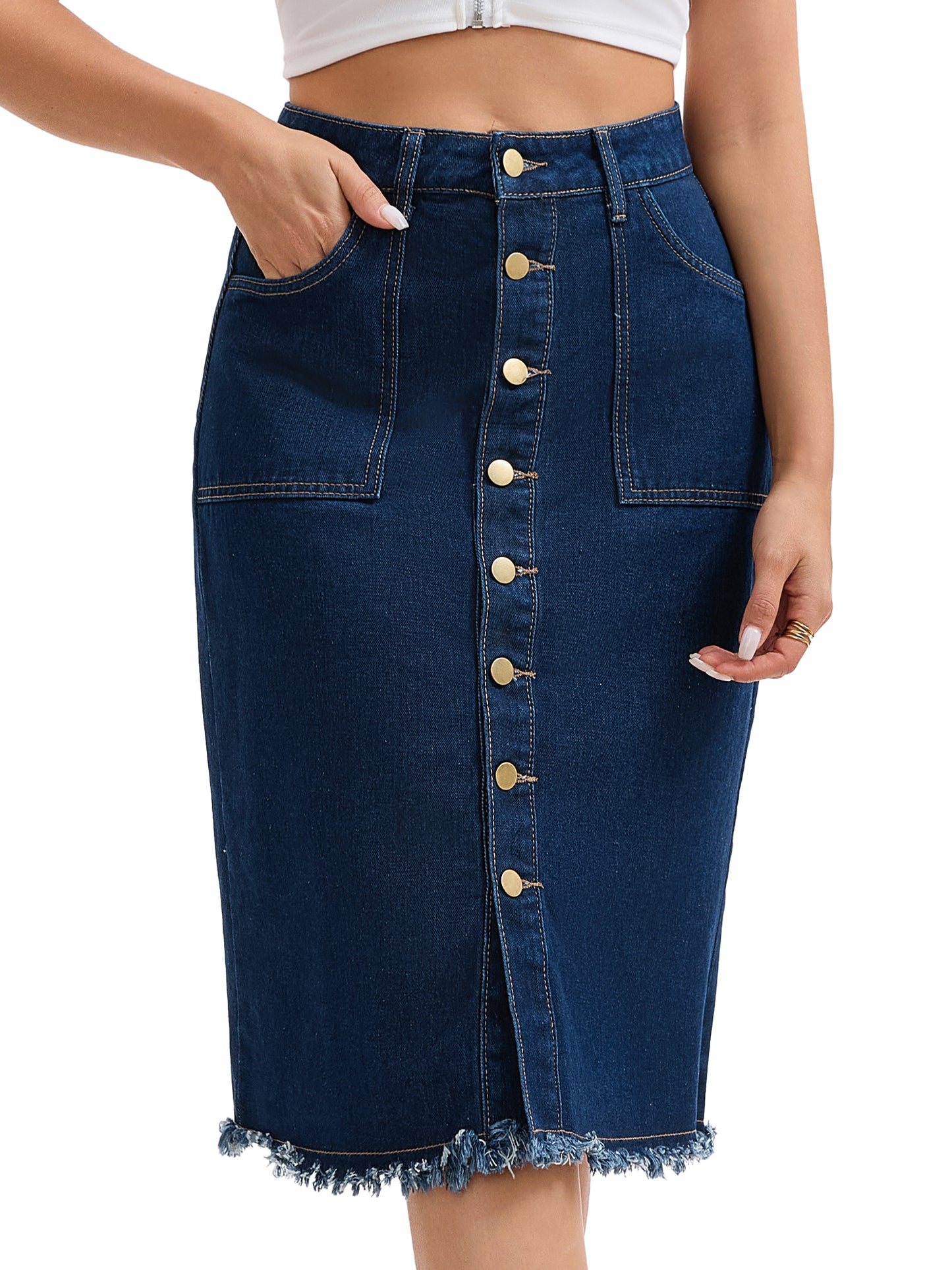 Women's Button Down Summer Casual H-Line Knee Length Denim Skirt