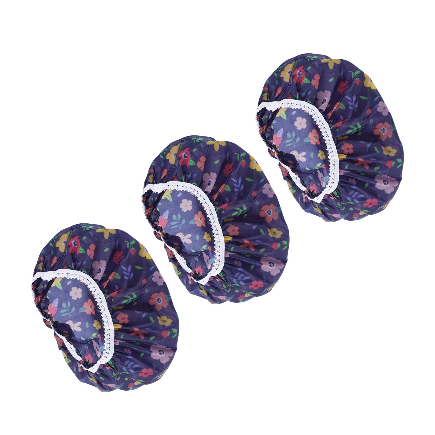 3 Pcs Flower Single Layer Shower Cap for Bathroom Dark Blue