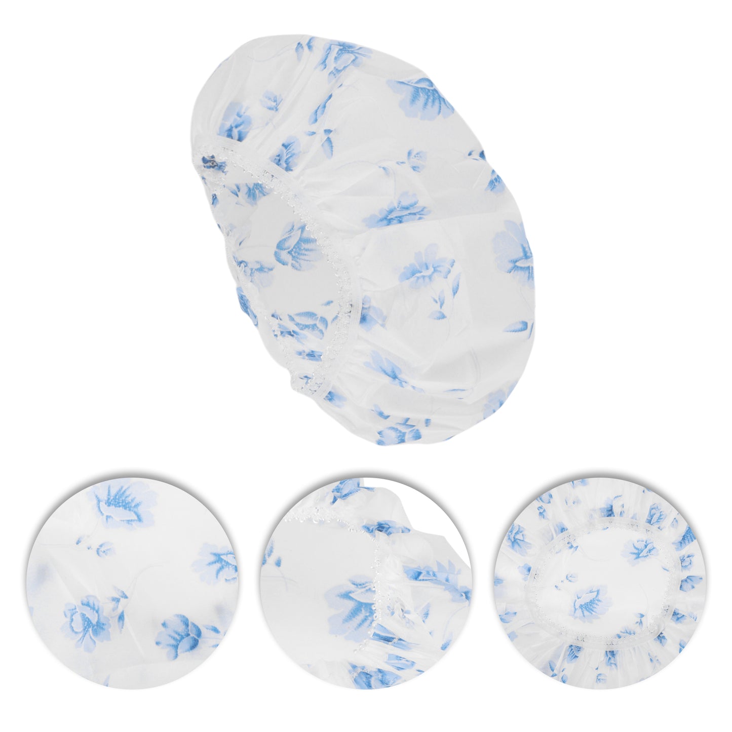 3 Pcs Flower Single Layer Shower Cap for Bathroom White Blue