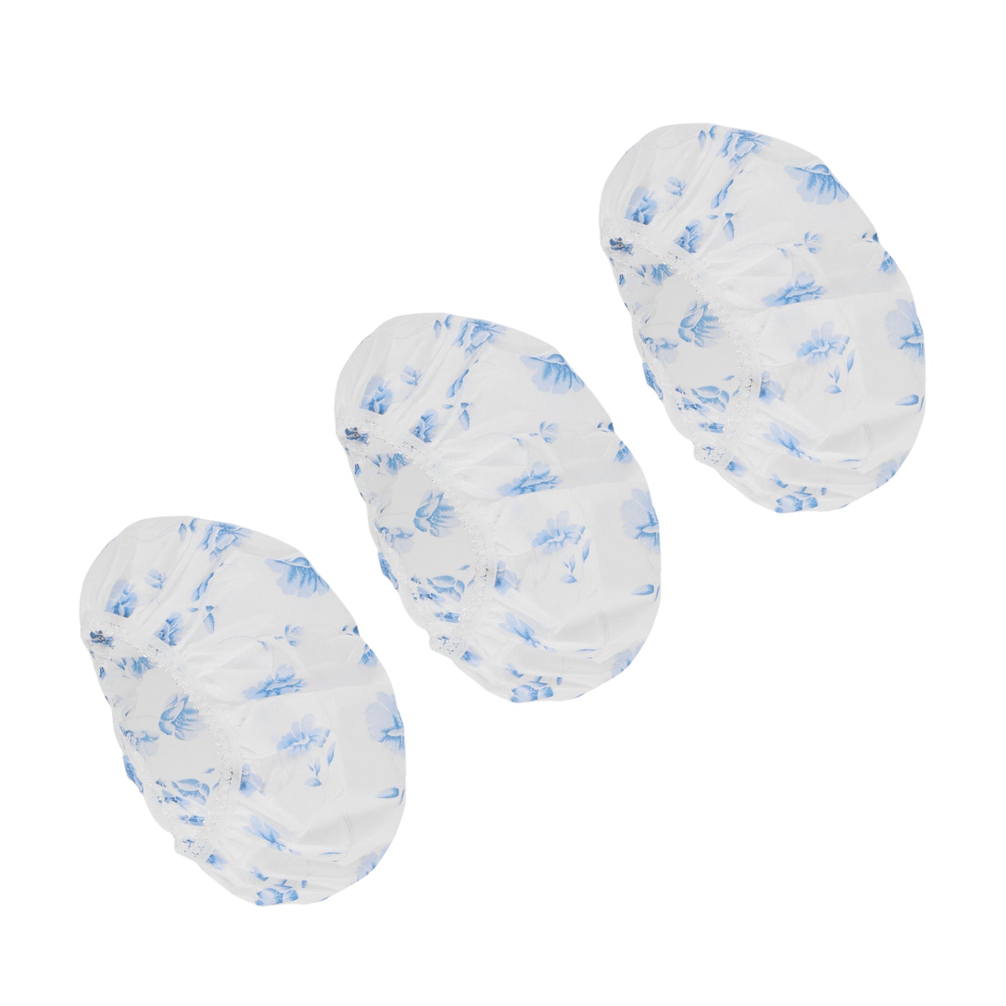 3 Pcs Flower Single Layer Shower Cap for Bathroom White Blue
