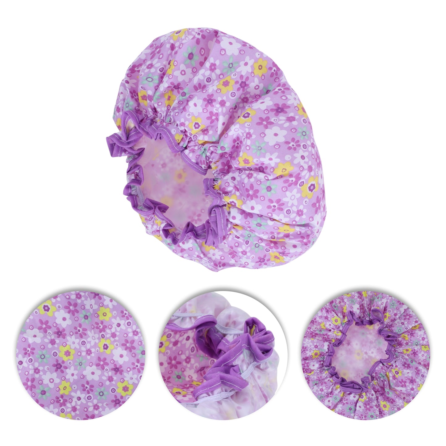 1 Pc Ditsy Floral Double Layer Shower Cap for Bathroom Purple