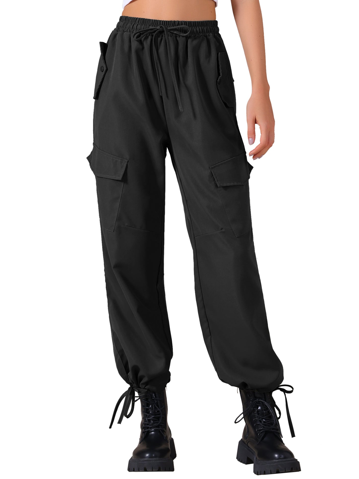 Pantalones cargo para mujer con bolsillos, ligeros, de cintura alta, elásticos, con cordón, informales, de pierna ancha
