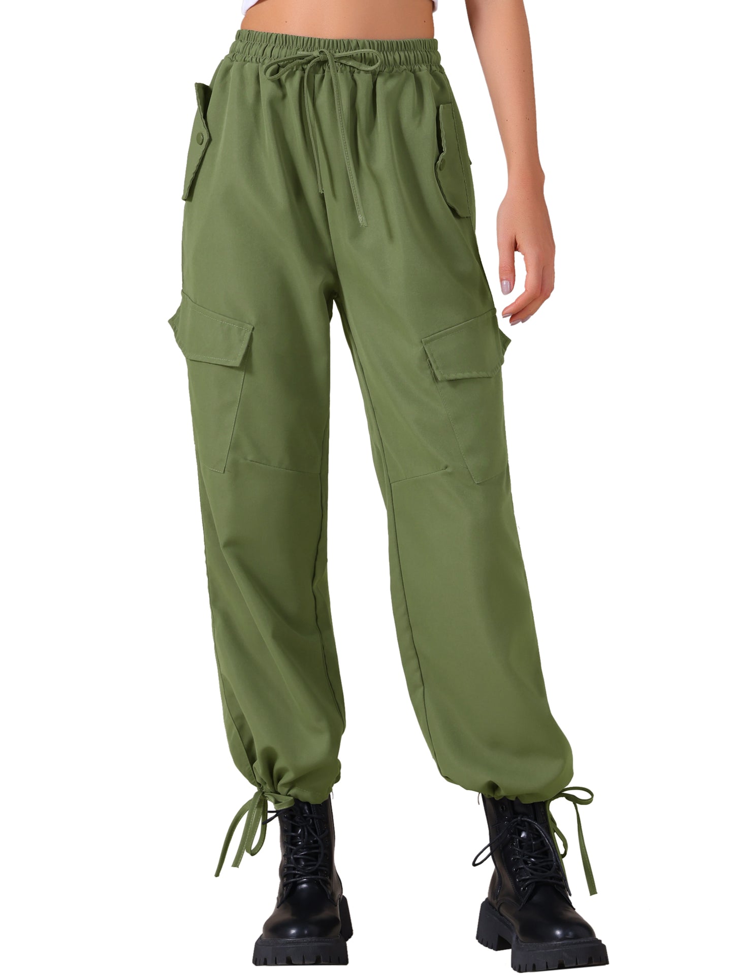 Pantalones cargo para mujer con bolsillos, ligeros, de cintura alta, elásticos, con cordón, informales, de pierna ancha