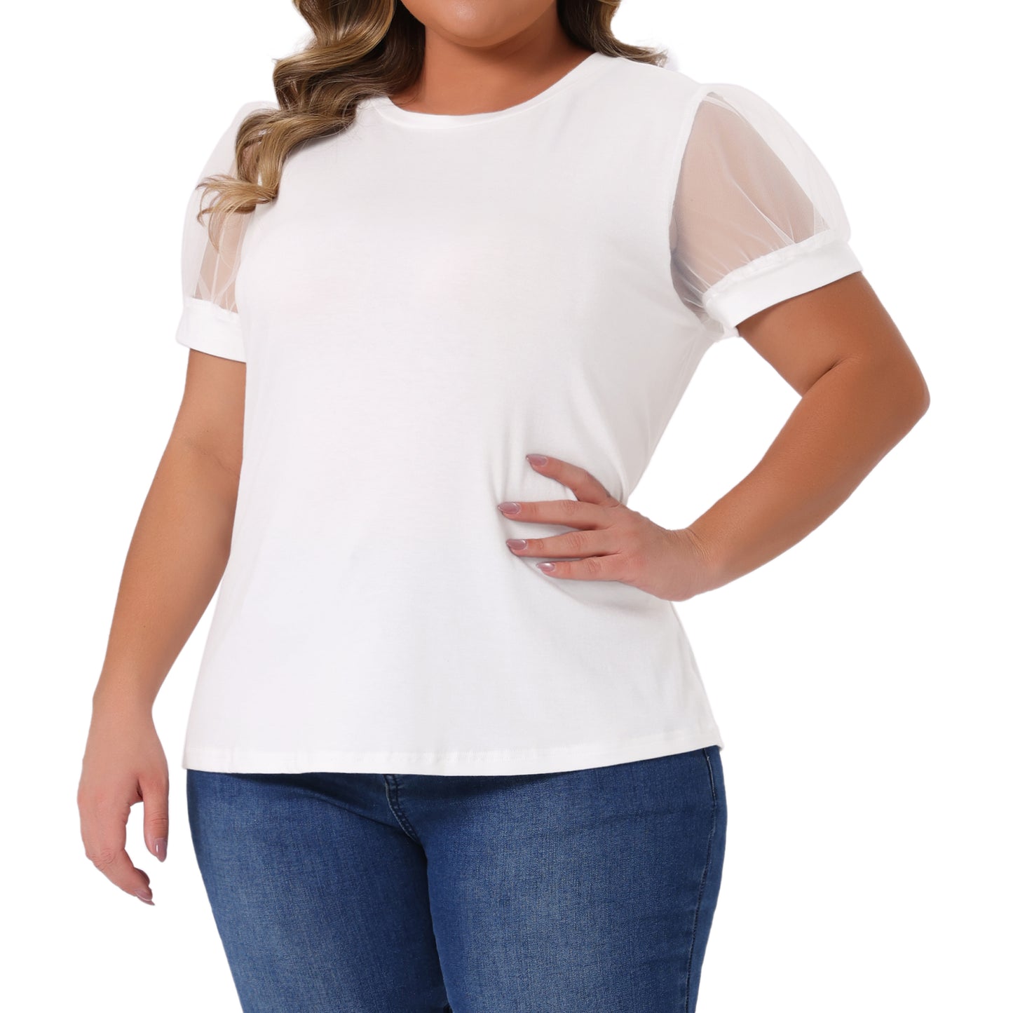 Women's Plus Size Crew Neck Mesh Short Sleeve T-Shirt Summer Top