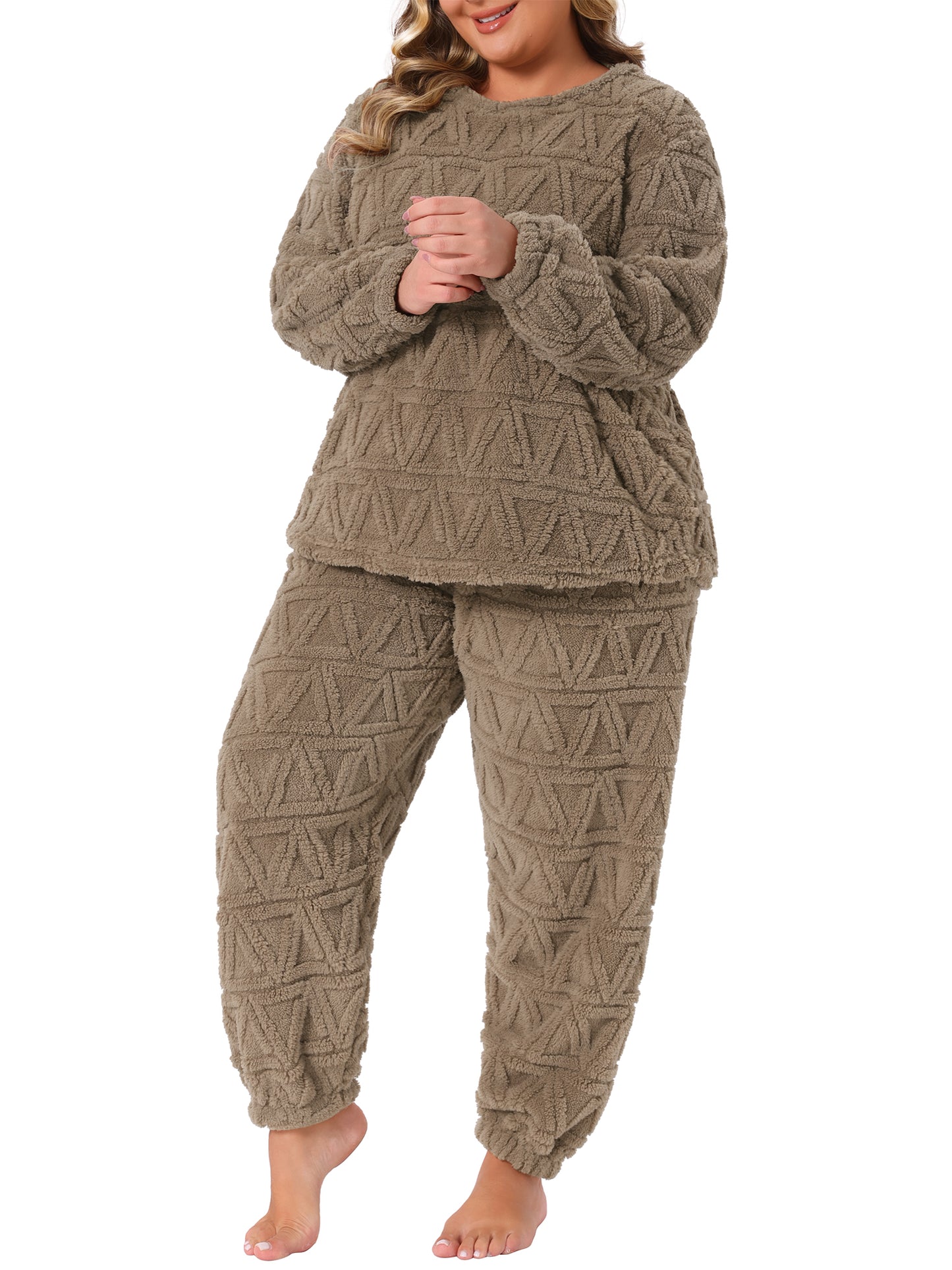 Women Plus Size Fleece Fluffy Pajamas Sets Long Sleeve Pullover and Pants Set Fuzzy Lounge Sleepwear