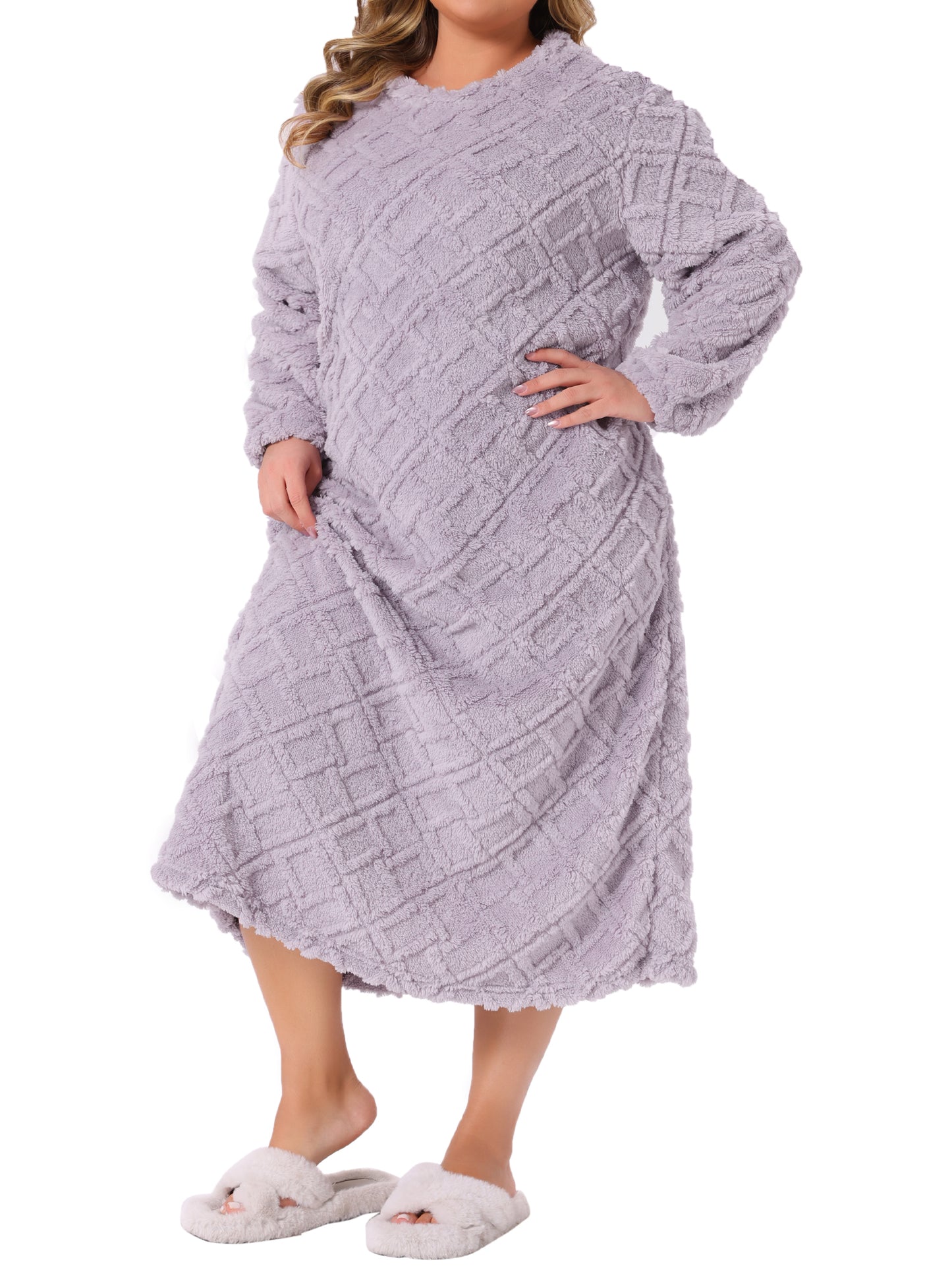 Women's Plus Size Long Sleeve Pajama Dress Fuzzy Loungewear Loose Long Nightgowns