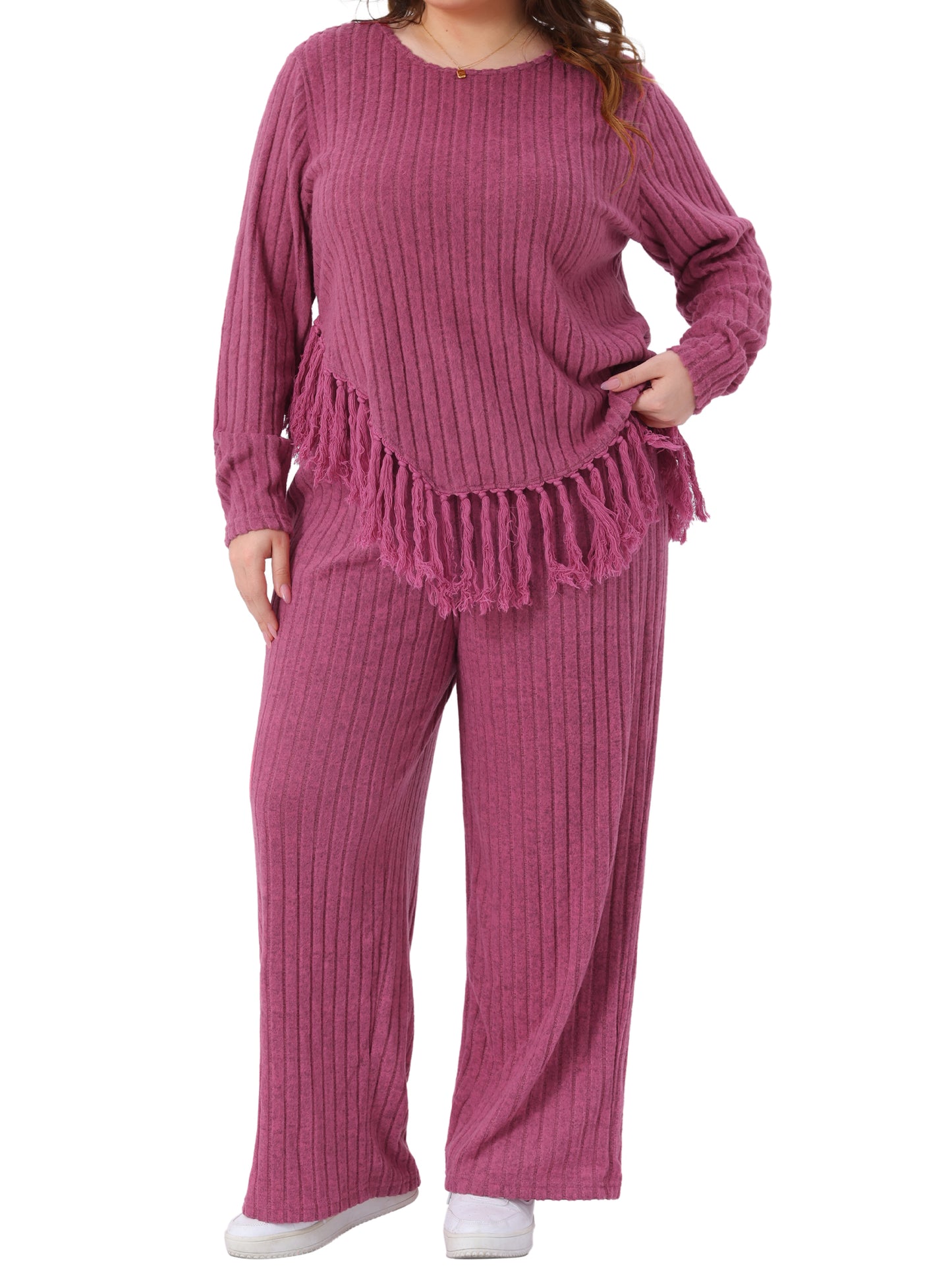 Women Plus Size 2 Piece Lounge Set Crew Neck Long Sleeve Asymmetrical Fringe Hem Casual Outfit