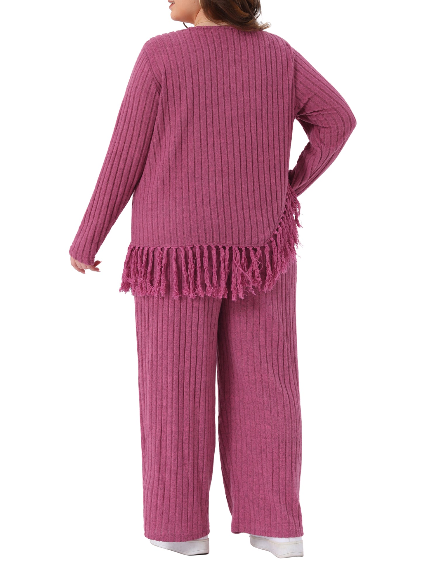 Women Plus Size 2 Piece Lounge Set Crew Neck Long Sleeve Asymmetrical Fringe Hem Casual Outfit