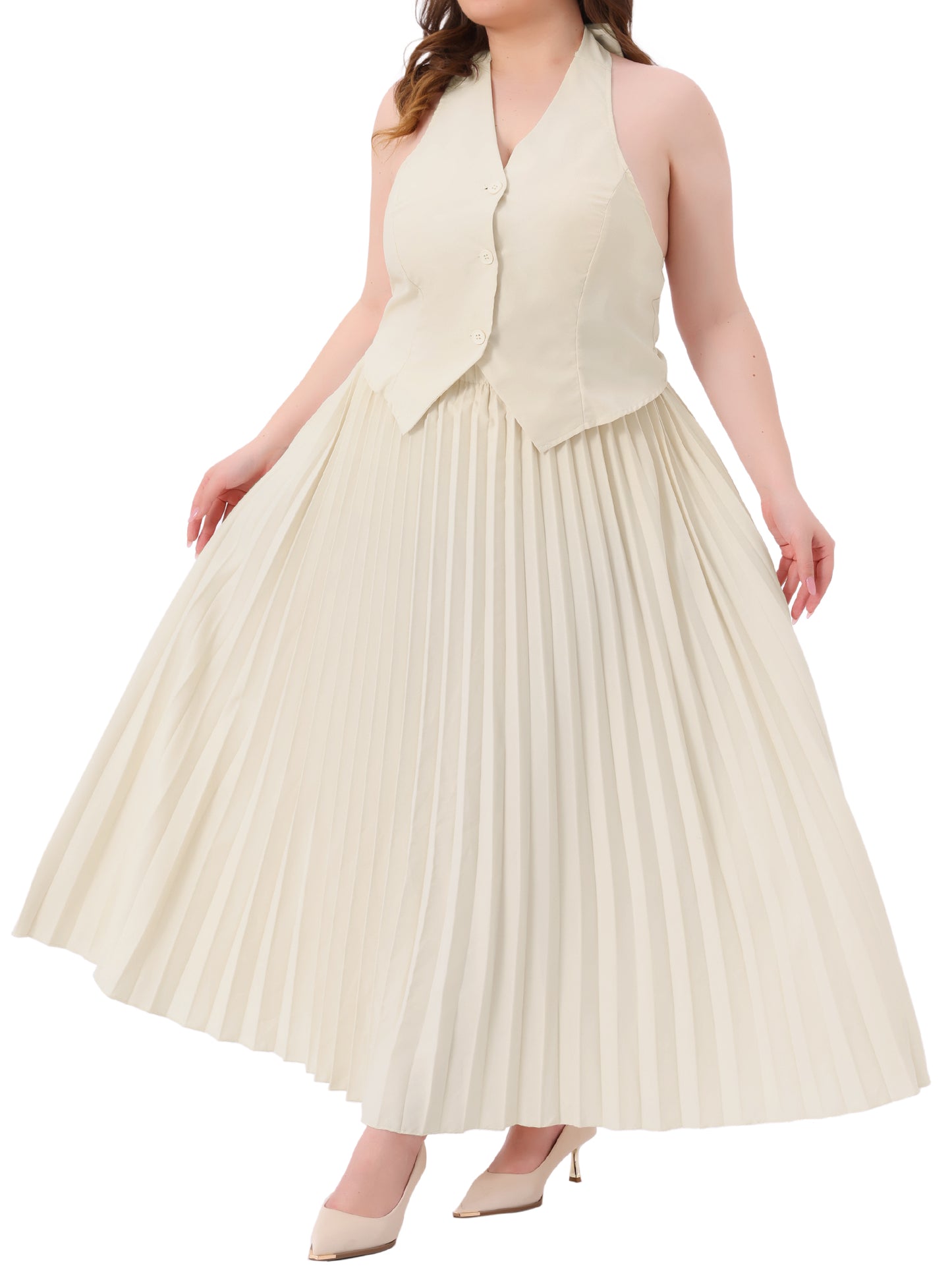 Womens Plus Size 2 Piece Halter Backless Top and Pleated Maxi Skirt Set Elegant Outfit
