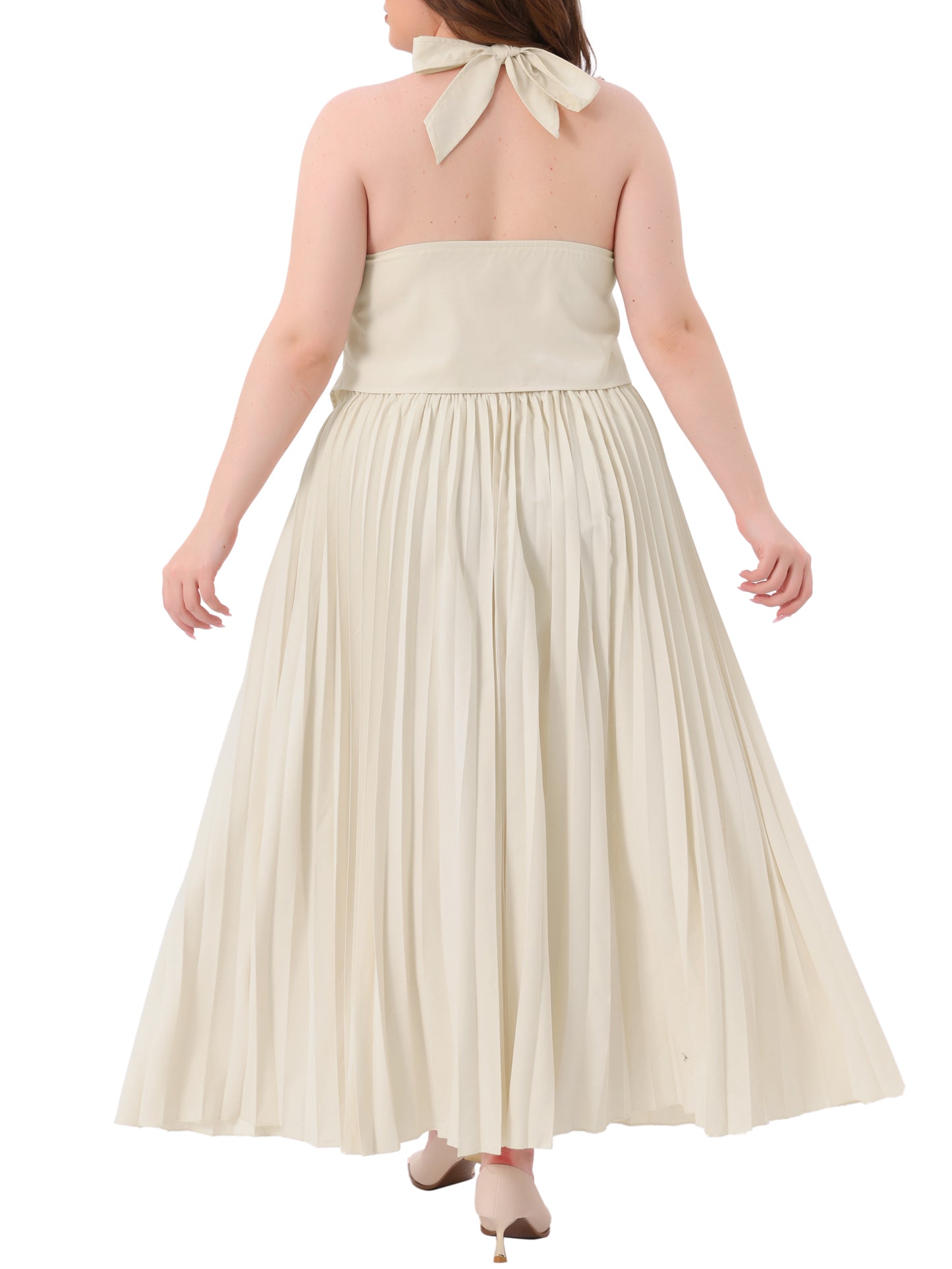 Womens Plus Size 2 Piece Halter Backless Top and Pleated Maxi Skirt Set Elegant Outfit