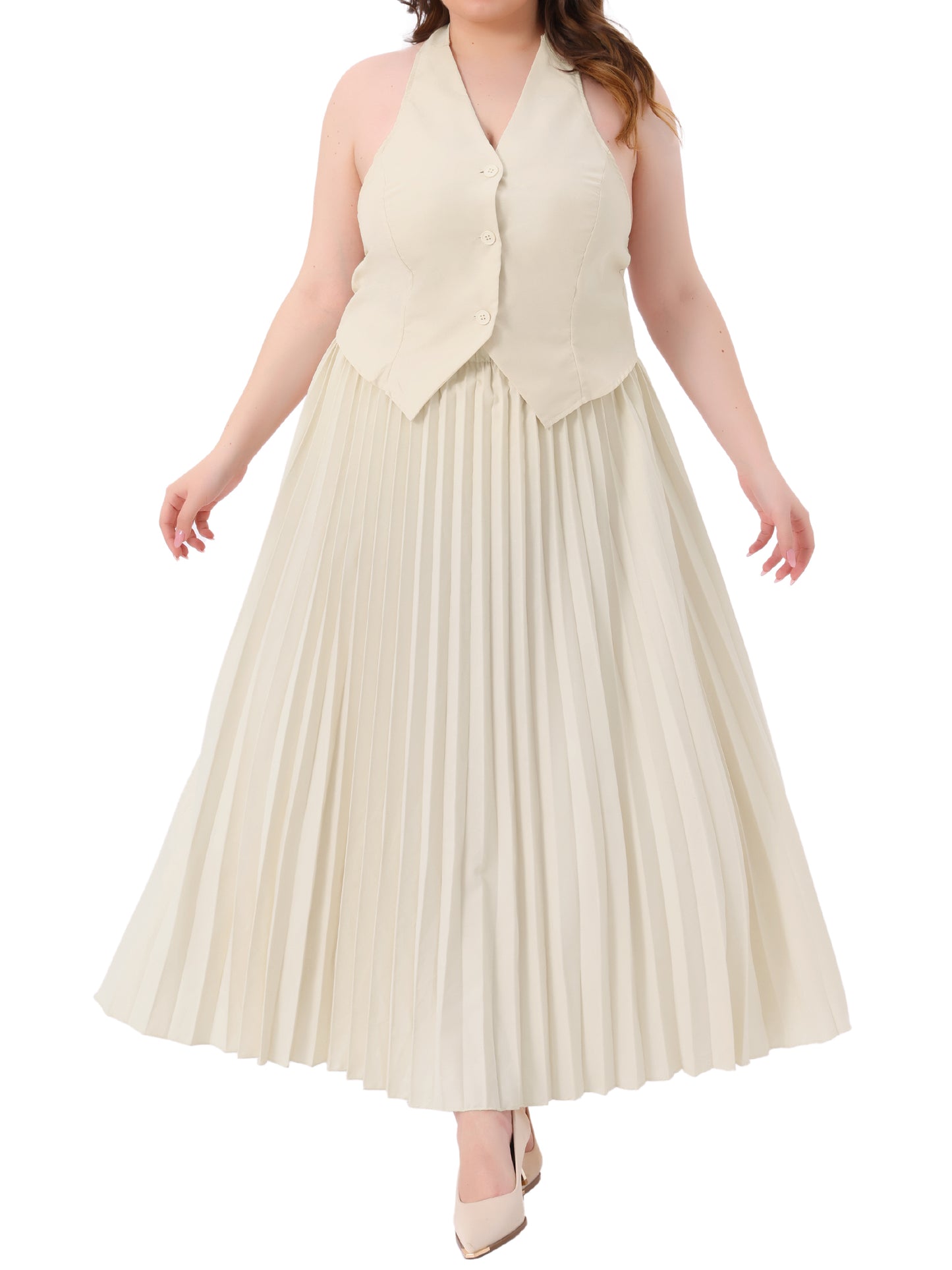 Womens Plus Size 2 Piece Halter Backless Top and Pleated Maxi Skirt Set Elegant Outfit