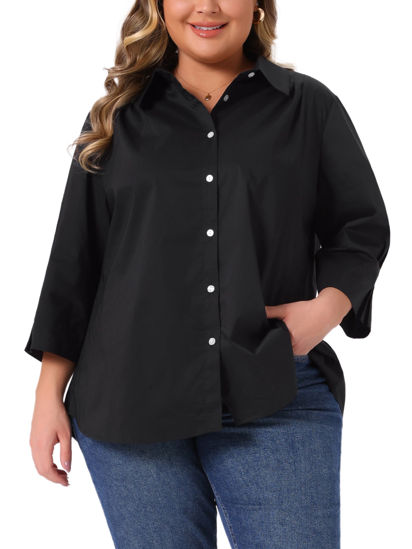 Women Plus Size Shirts Button Down Collar Pleated 3/4 Sleeve Casual Top