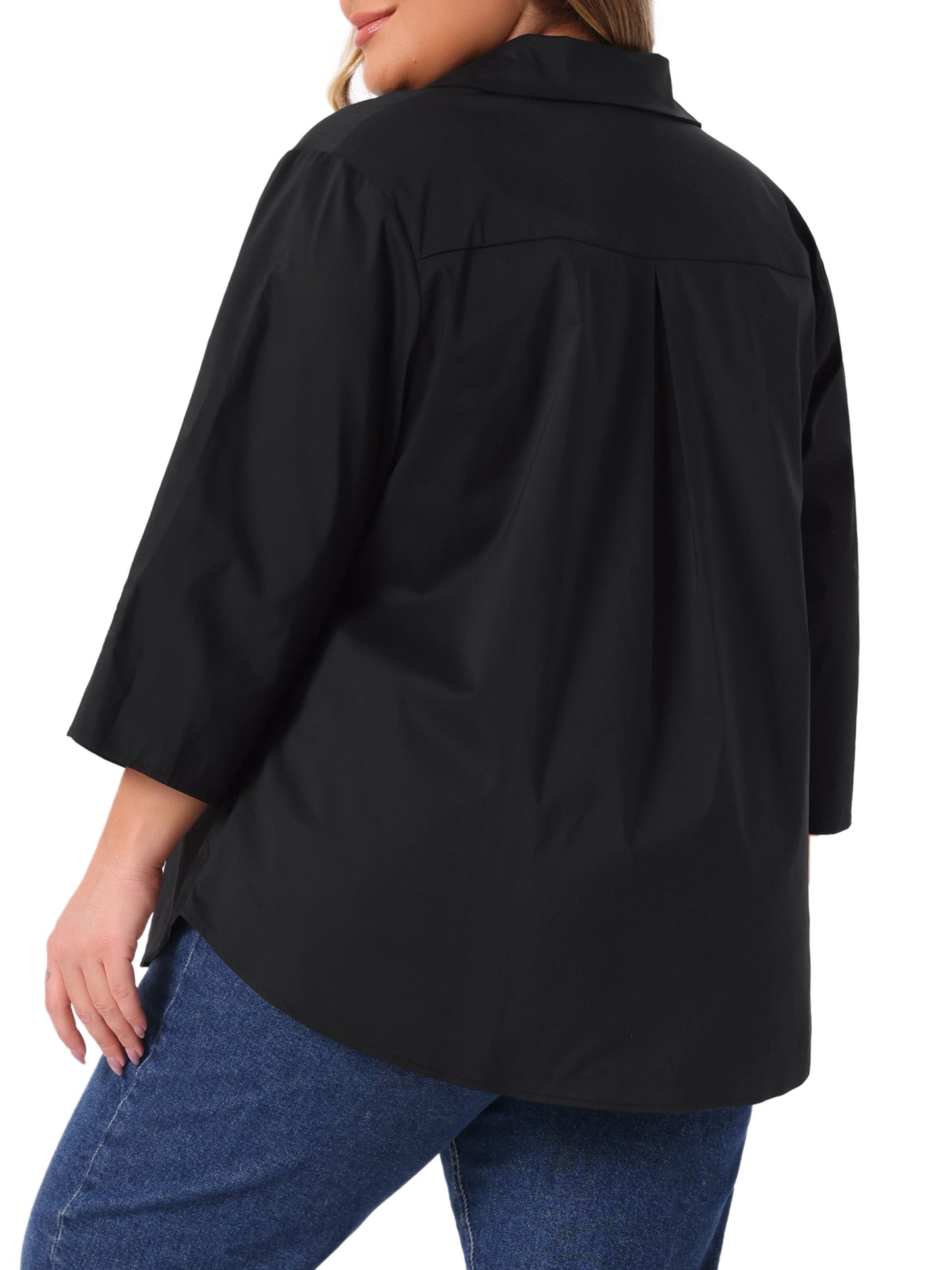 Women Plus Size Shirts Button Down Collar Pleated 3/4 Sleeve Casual Top