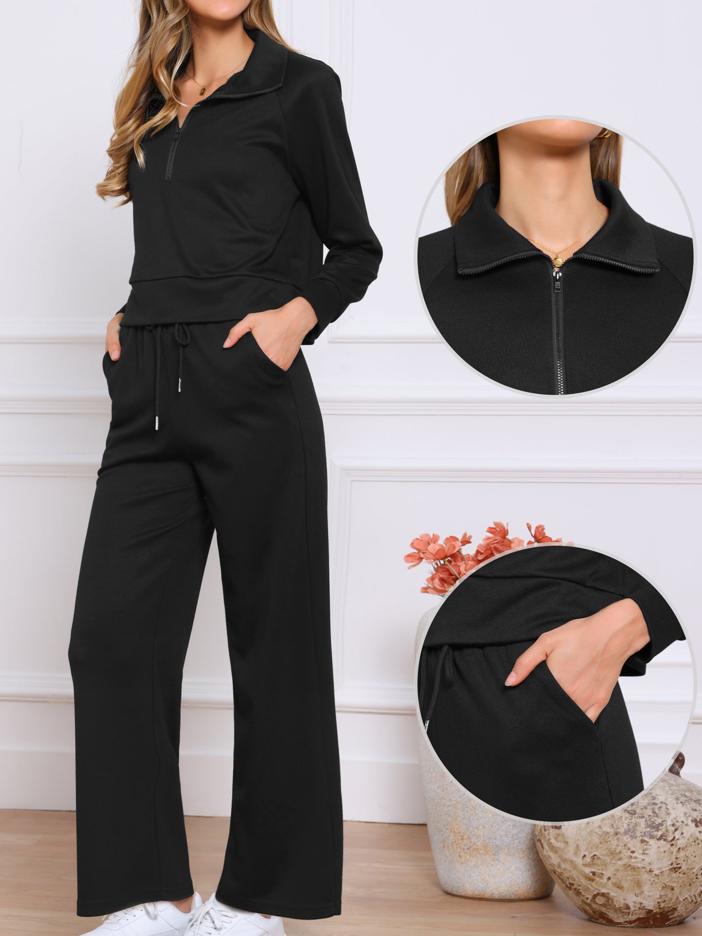 Women's Half Zip Sweatshirts with Wide Leg Pants Tracksuit Set