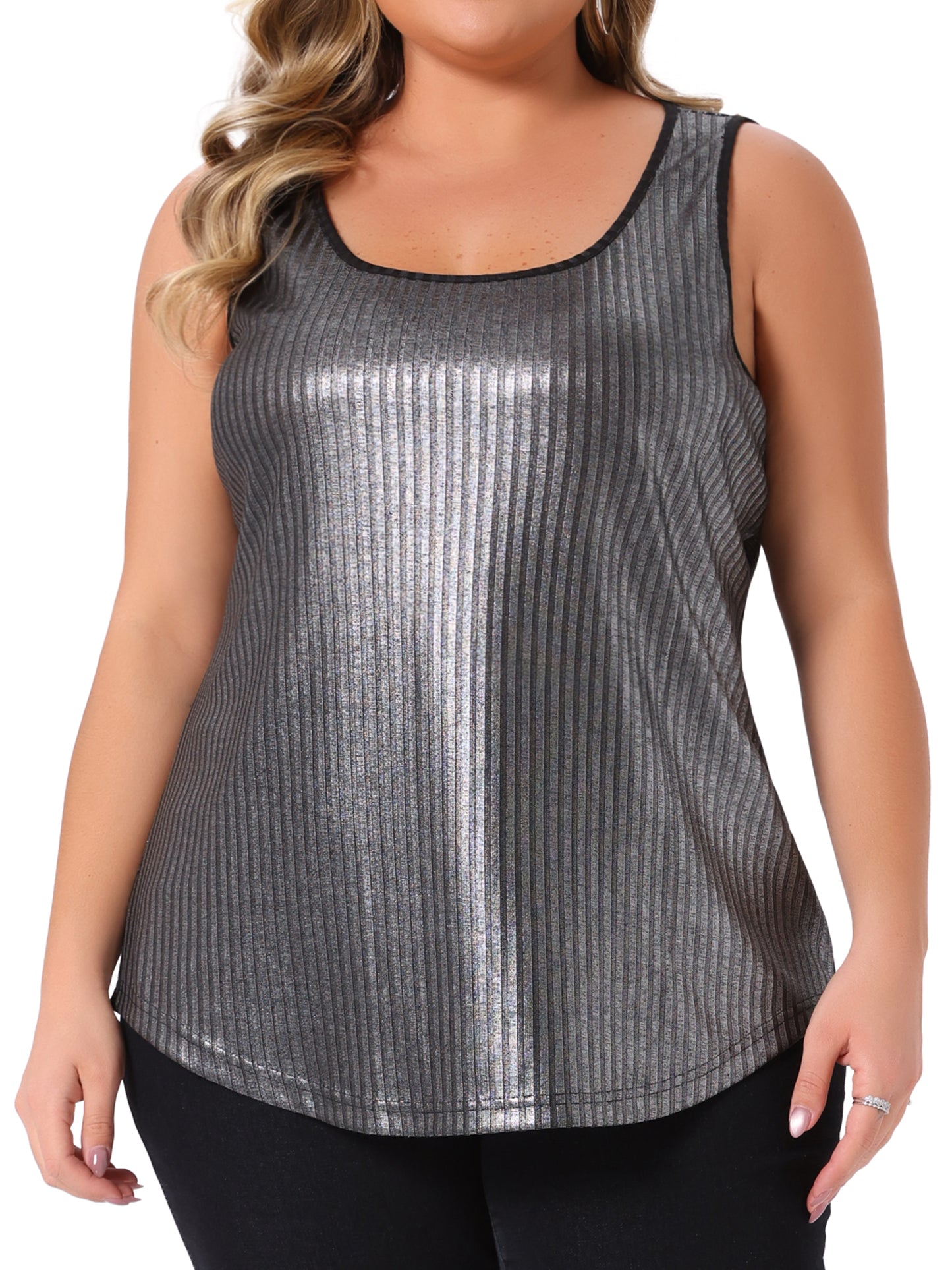 Womens Plus Size Metallic Tank Tops Sleeveless Square Neck Sparkly Club Partywear