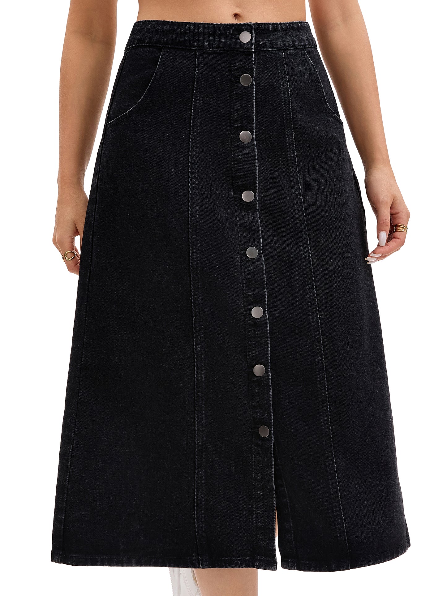 Women's Button Down Front Slit High Waisted Pockets A Line Midi Denim Skirt