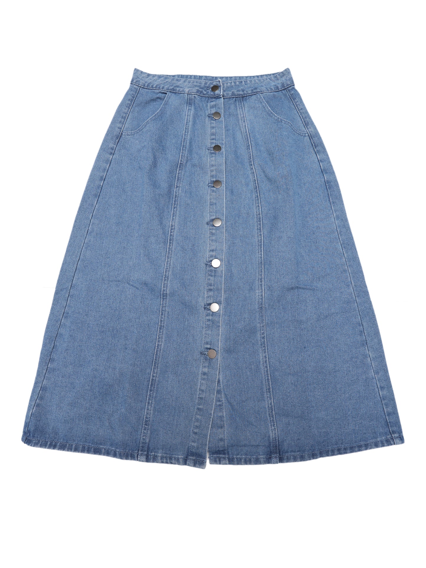 Women's Button Down Front Slit High Waisted Pockets A Line Midi Denim Skirt