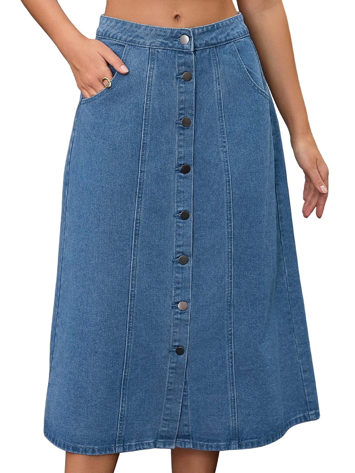 Women's Button Down Front Slit High Waisted Pockets A Line Midi Denim Skirt