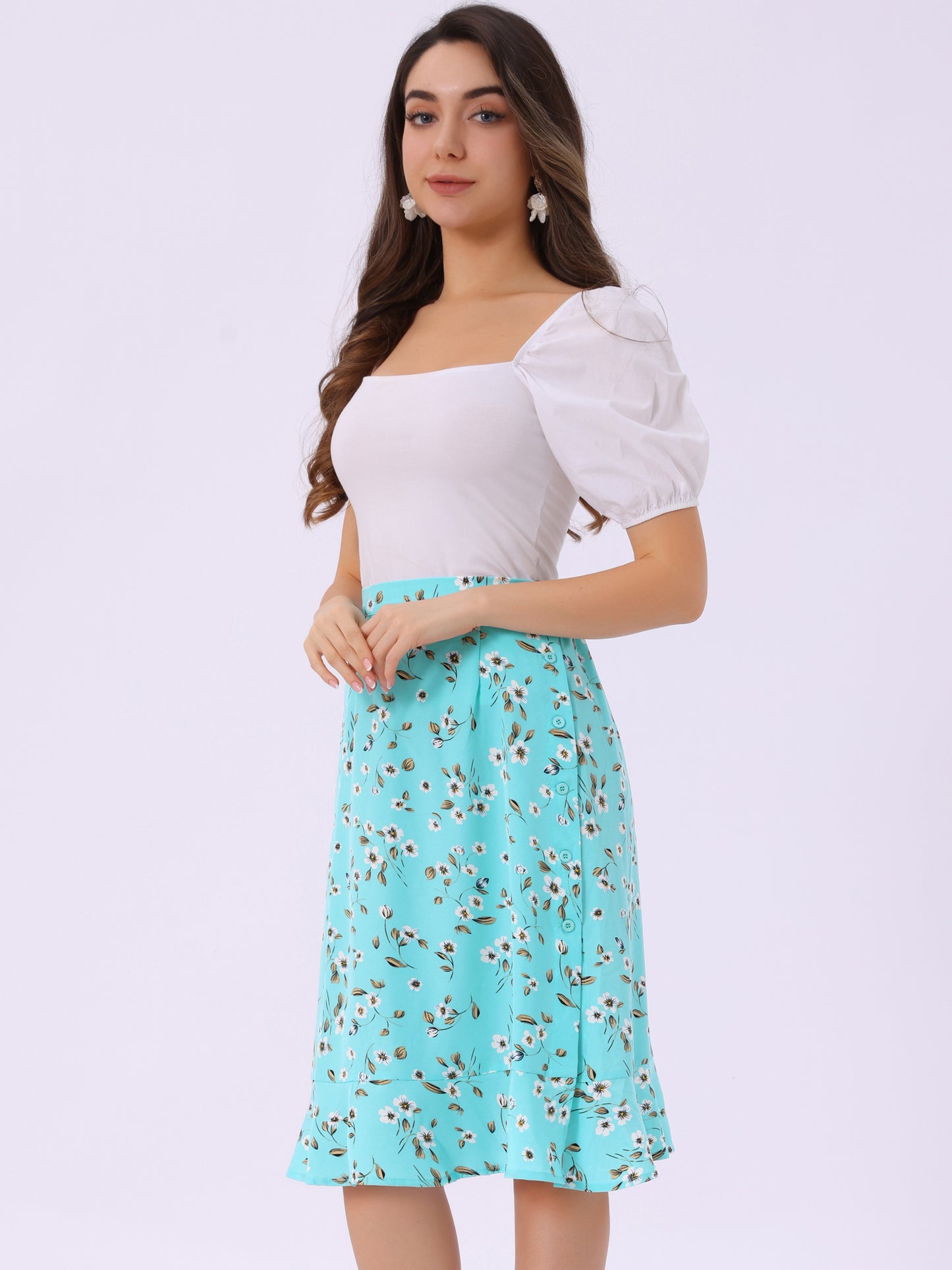 Faldas midi florales para mujer, de verano, con volantes, cintura alta, fluidas, corte A, con abertura hasta la rodilla