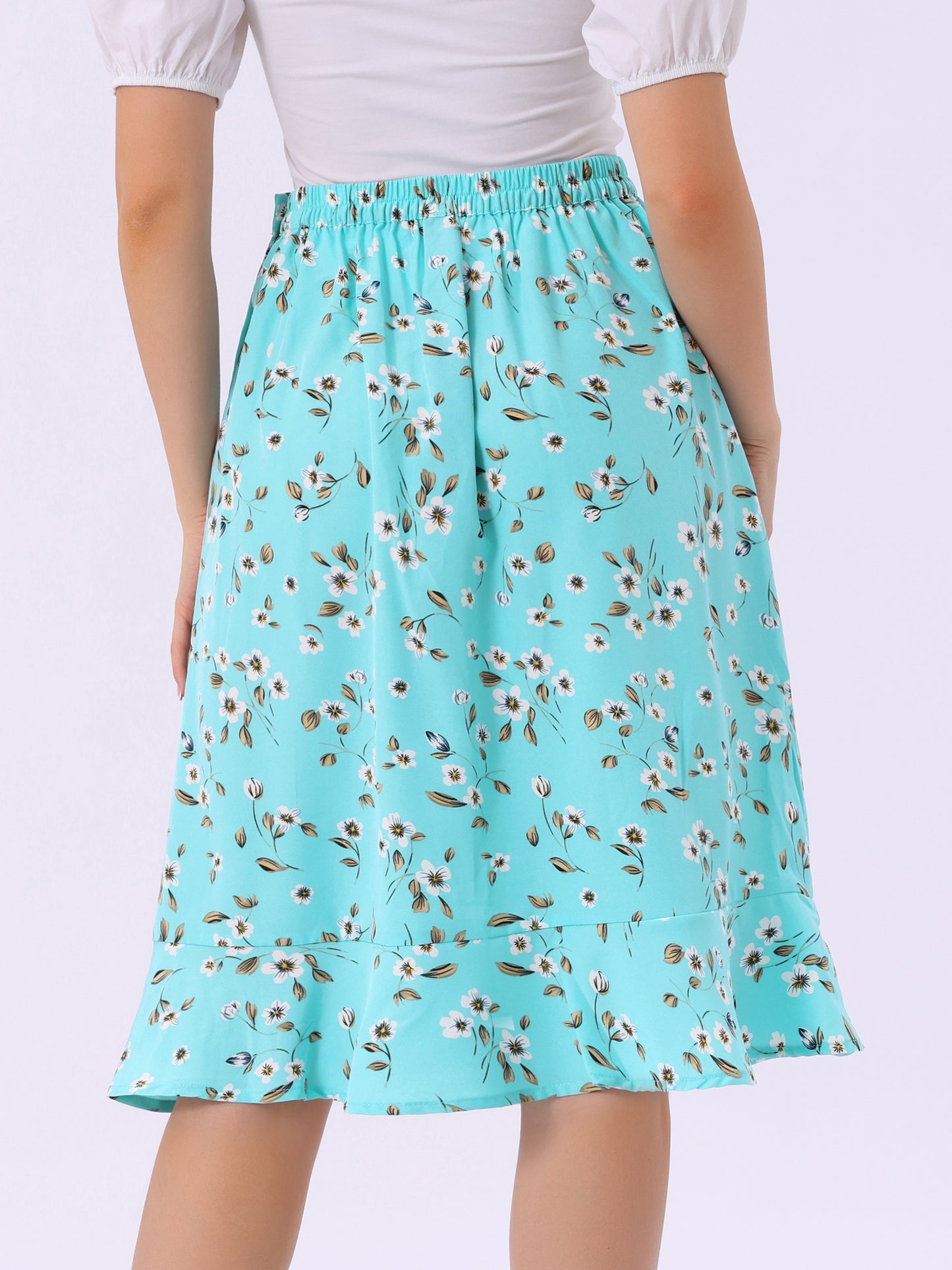 Faldas midi florales para mujer, de verano, con volantes, cintura alta, fluidas, corte A, con abertura hasta la rodilla