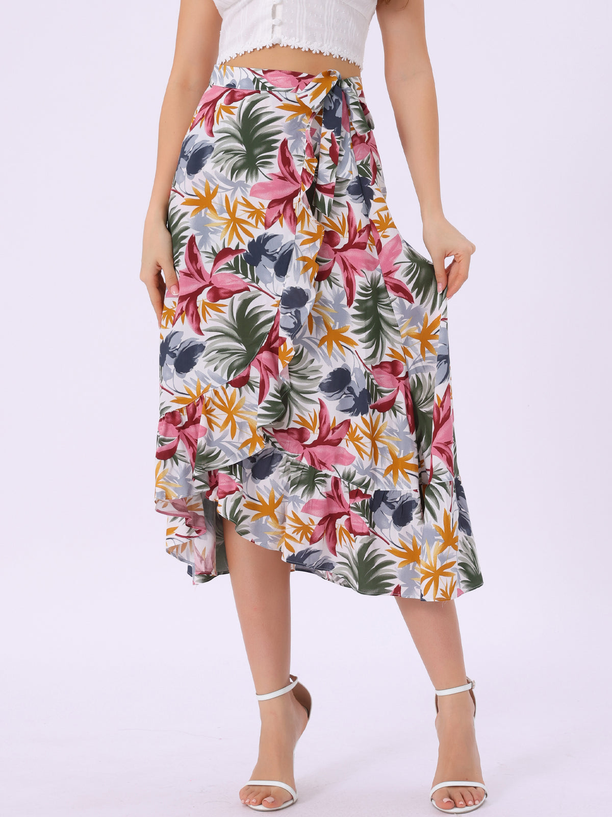 Women's Tropical Floral Print Ruffle Self Tie Knot Split Beach Wrap Skirt
