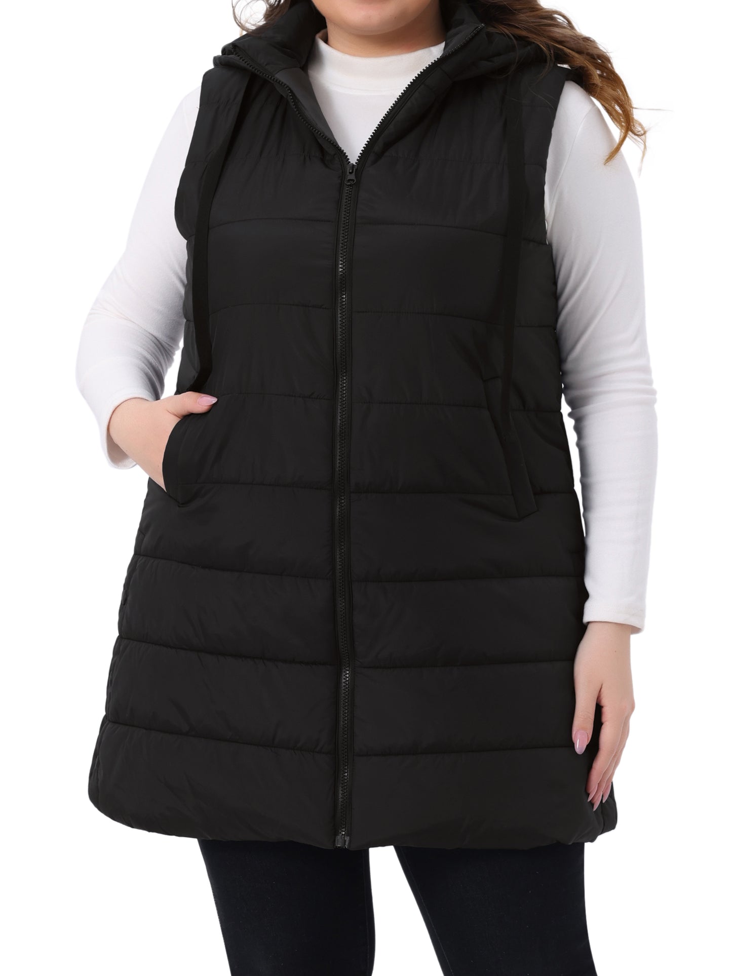 Women's Plus Size Long Puffer Vest Hooded Zip Up Sleeveless Casual Quilted Jacket with Pockets