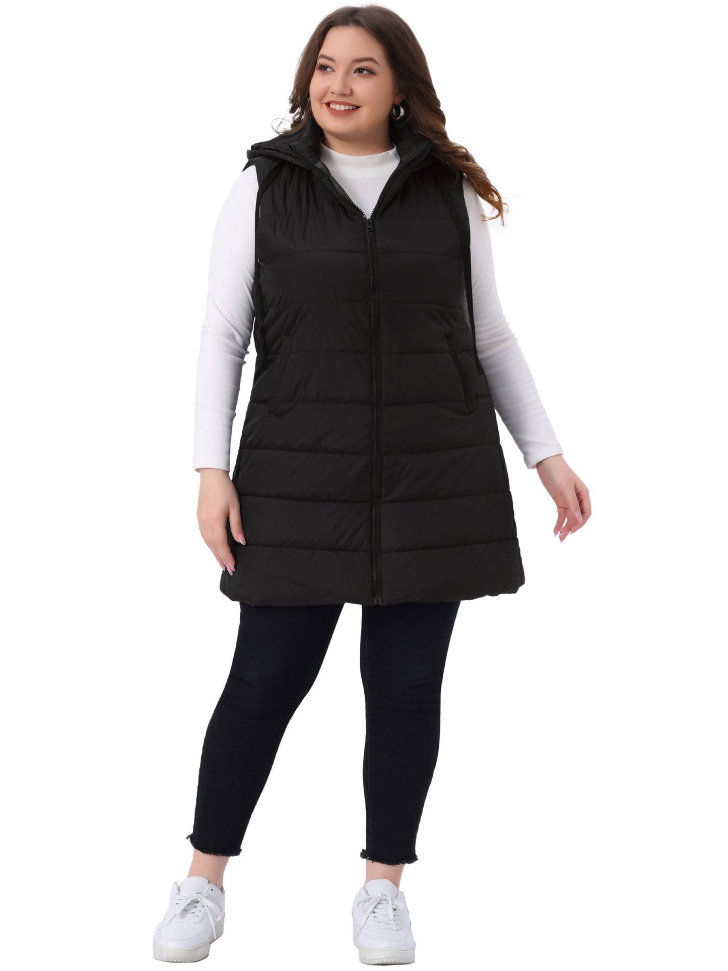 Women's Plus Size Long Puffer Vest Hooded Zip Up Sleeveless Casual Quilted Jacket with Pockets