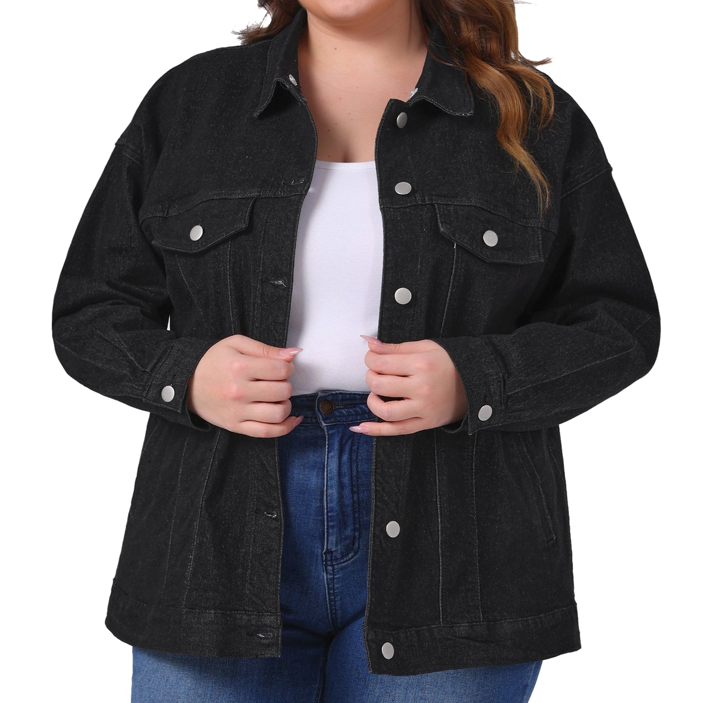 Chaqueta vaquera de talla grande para mujer, con capucha desmontable y cordón ajustable, con bolsillos