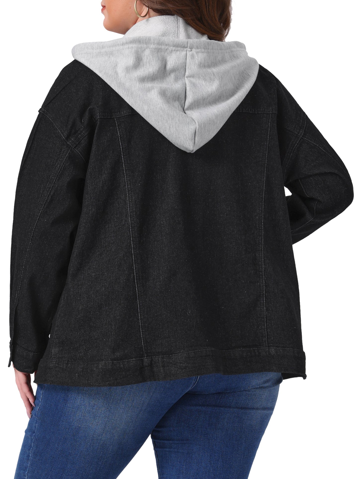 Chaqueta vaquera de talla grande para mujer, con capucha desmontable y cordón ajustable, con bolsillos