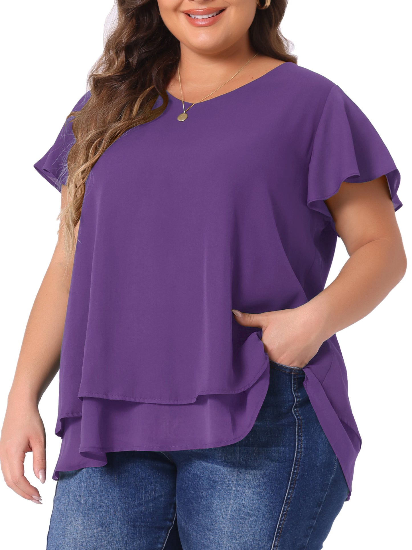 Women's Plus Size Summer Ruffle Short Sleeves V Neck Double Layered Hem Chiffon Blouse